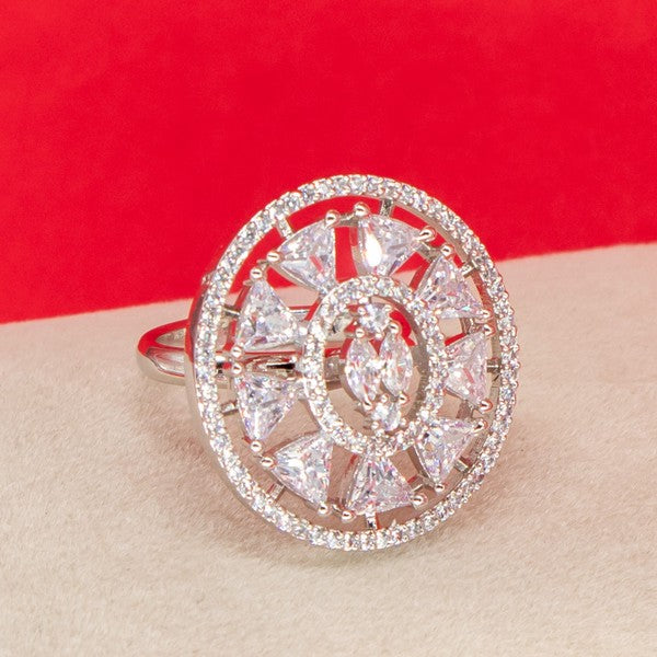 City Girl Brass Cz stone Studded Rhodium Plated Cocktail Silver Square Finge Ring. (Free Size)