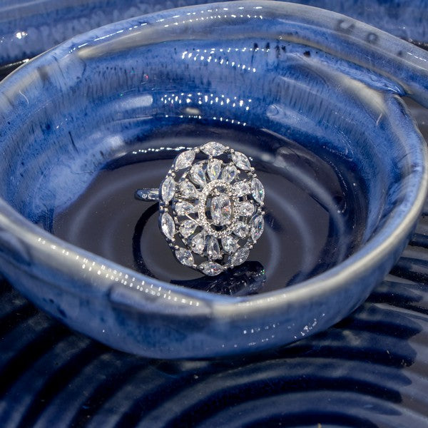 City Girl Brass Cz stone Studded Rhodium Plated Cocktail Silver Oval Finge Ring. (Free Size)