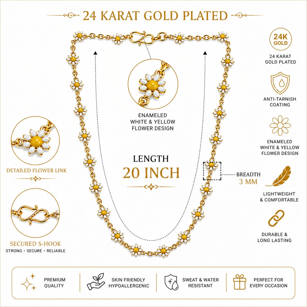 City Girl Jewellery 24K Gold Plated White & Yellow Daisy Flower Enamel Chain Necklace for 