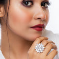 City Girl Brass Cz stone Studded Rhodium Plated Cocktail Finge Golden Leaf Ring. (Free Size)