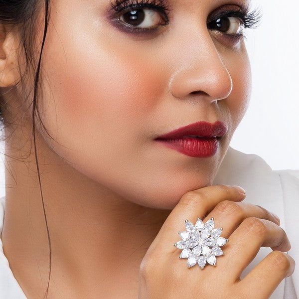 City Girl Brass Cz stone Studded Rhodium Plated Cocktail Finge Golden Leaf Ring. (Free Size)