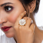 City Girl Brass Cz stone Studded Gold Plated Cocktail Finge Ring. (Free Size)