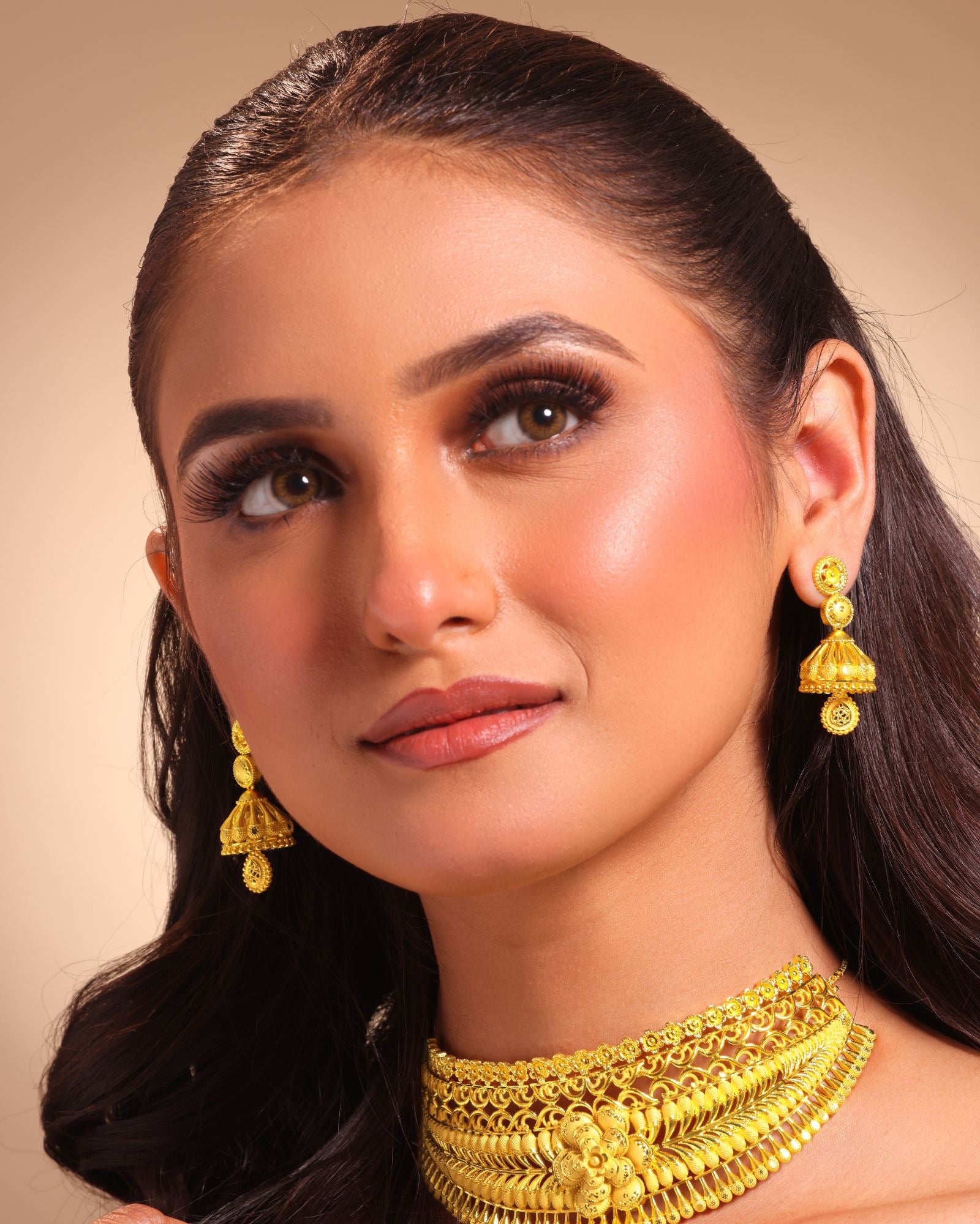 City Girl Traditional Gold Plated Bridal Necklace Set with Jhumka Earrings | 18 Inch Choker Necklace | 5 CM Drop Earrings | Ethnic Wedding Jewellery Set for Women