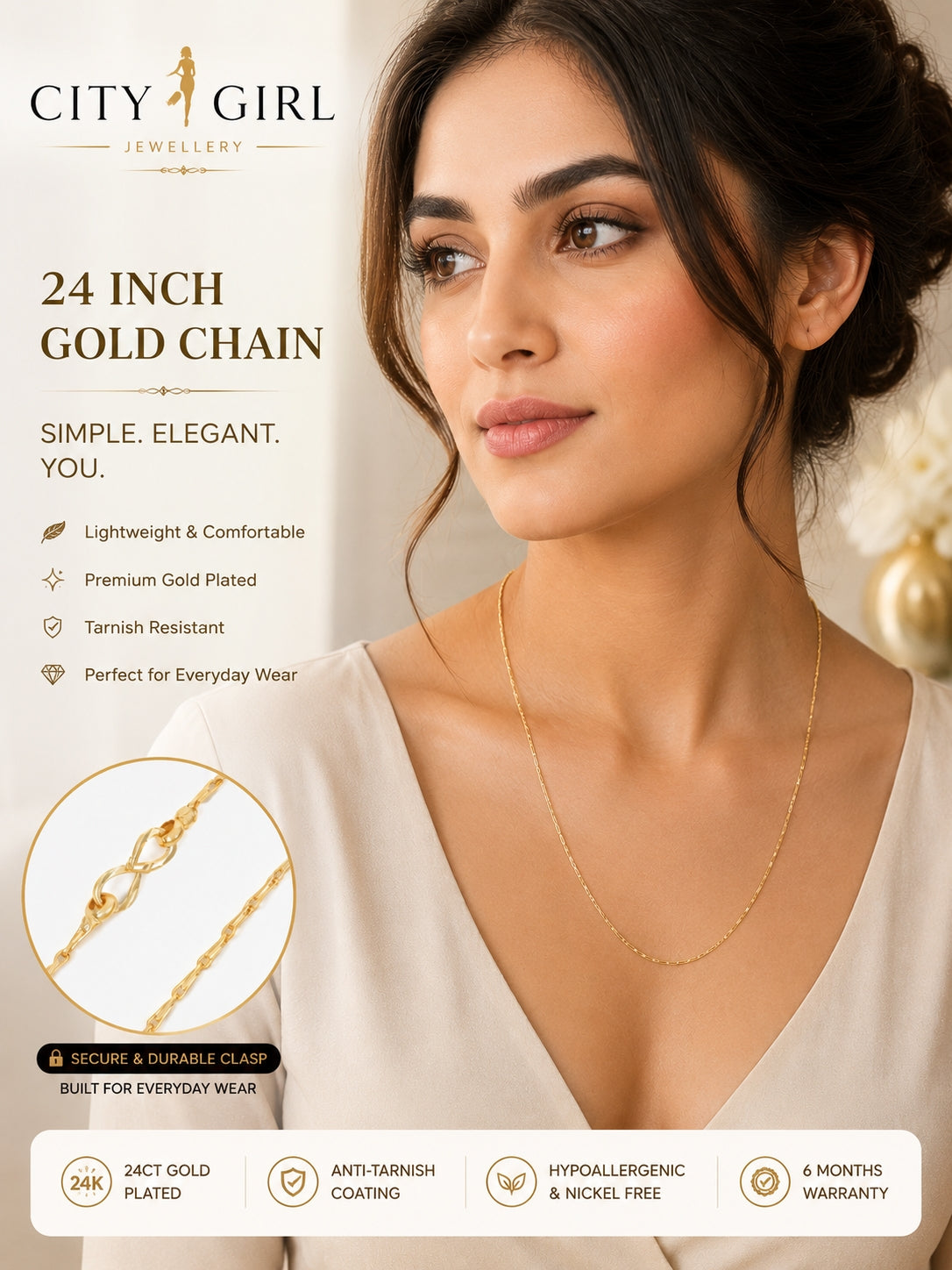 City Girl 24CT Gold Plated Designer Chain Necklace for Women | 24 Inch Daily Wear Chain (CN 237)