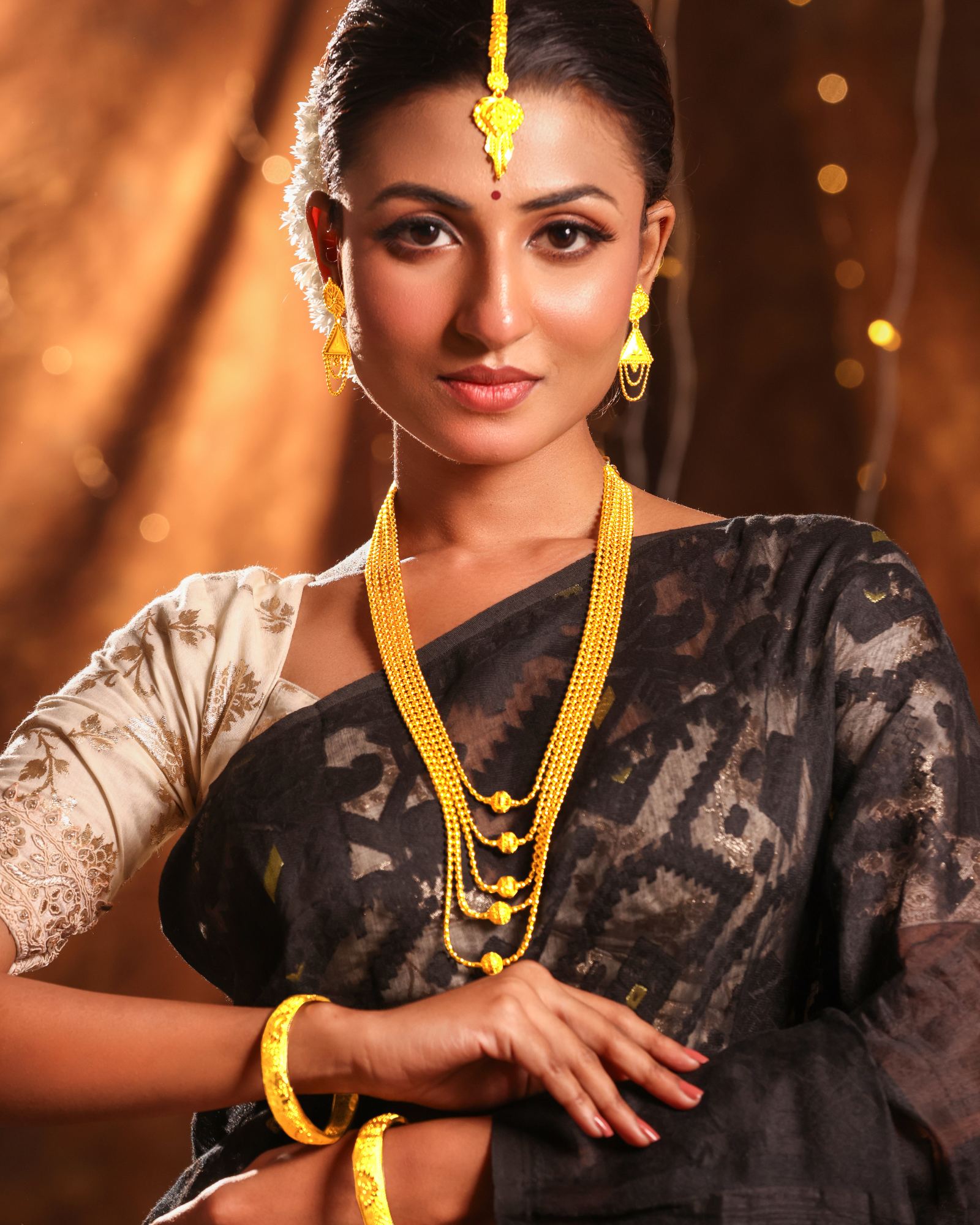 24CT Gold Plated Long Layered Haram Necklace Set for Women | Copper Base Traditional Jewellery | 30 Inch Necklace with Matching Earrings (3 cm) | Ethnic Wedding & Festive Wear
