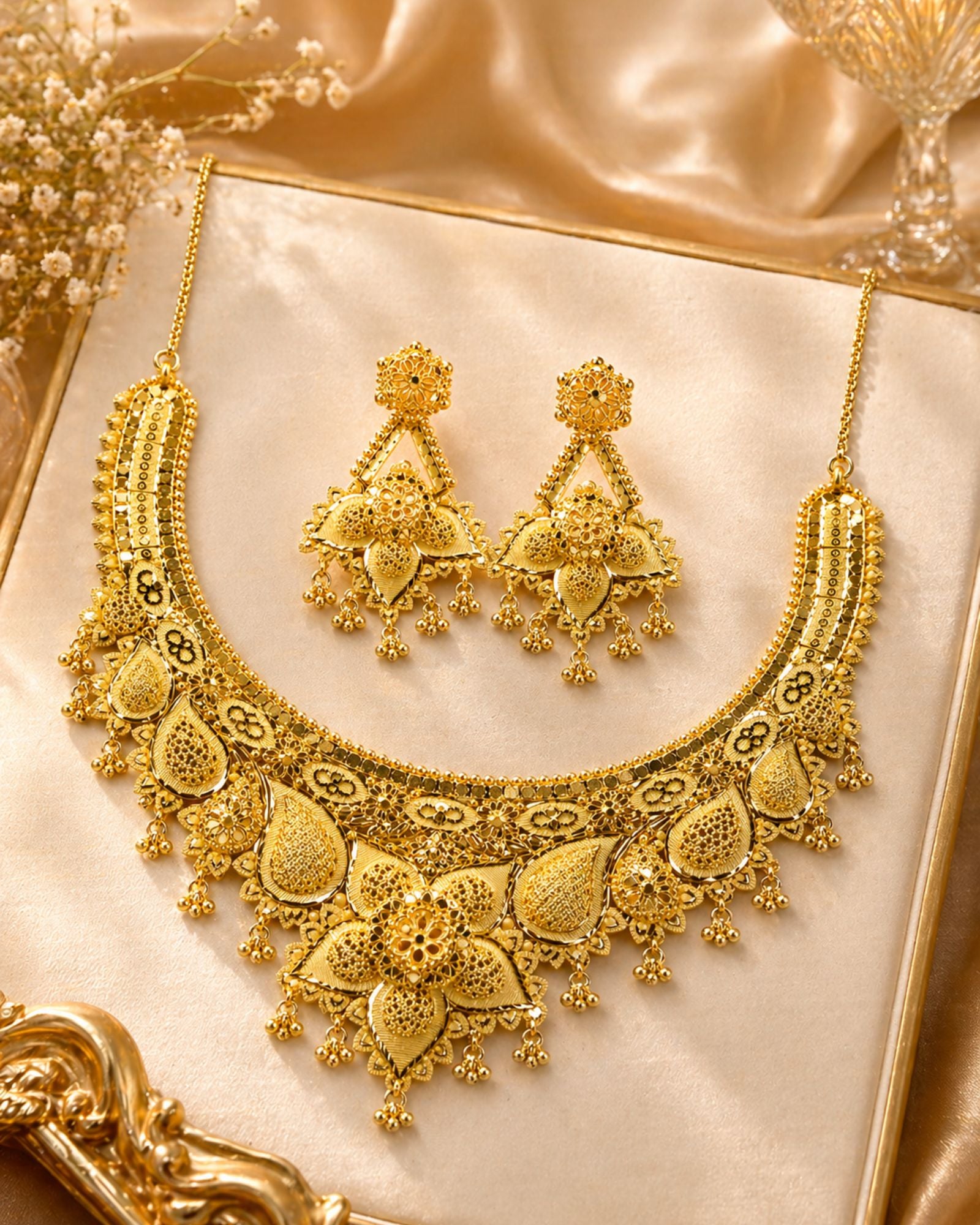City Girl 24K Gold Plated Traditional Necklace Set with Matching Earrings | Antique Bridal Choker Jewellery Set for Women & Girls