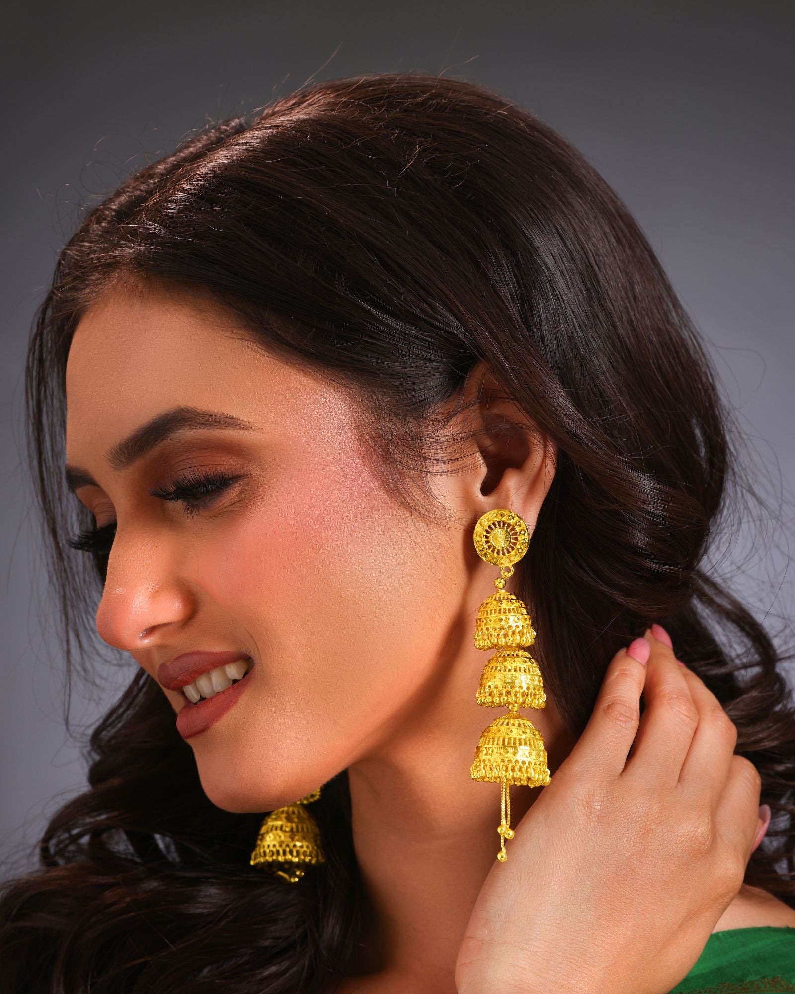 City Girl 24CT Gold Plated Long Jhumka Earrings | 8.5 CM Traditional Layered Temple Design | Statement Ethnic Jewellery
