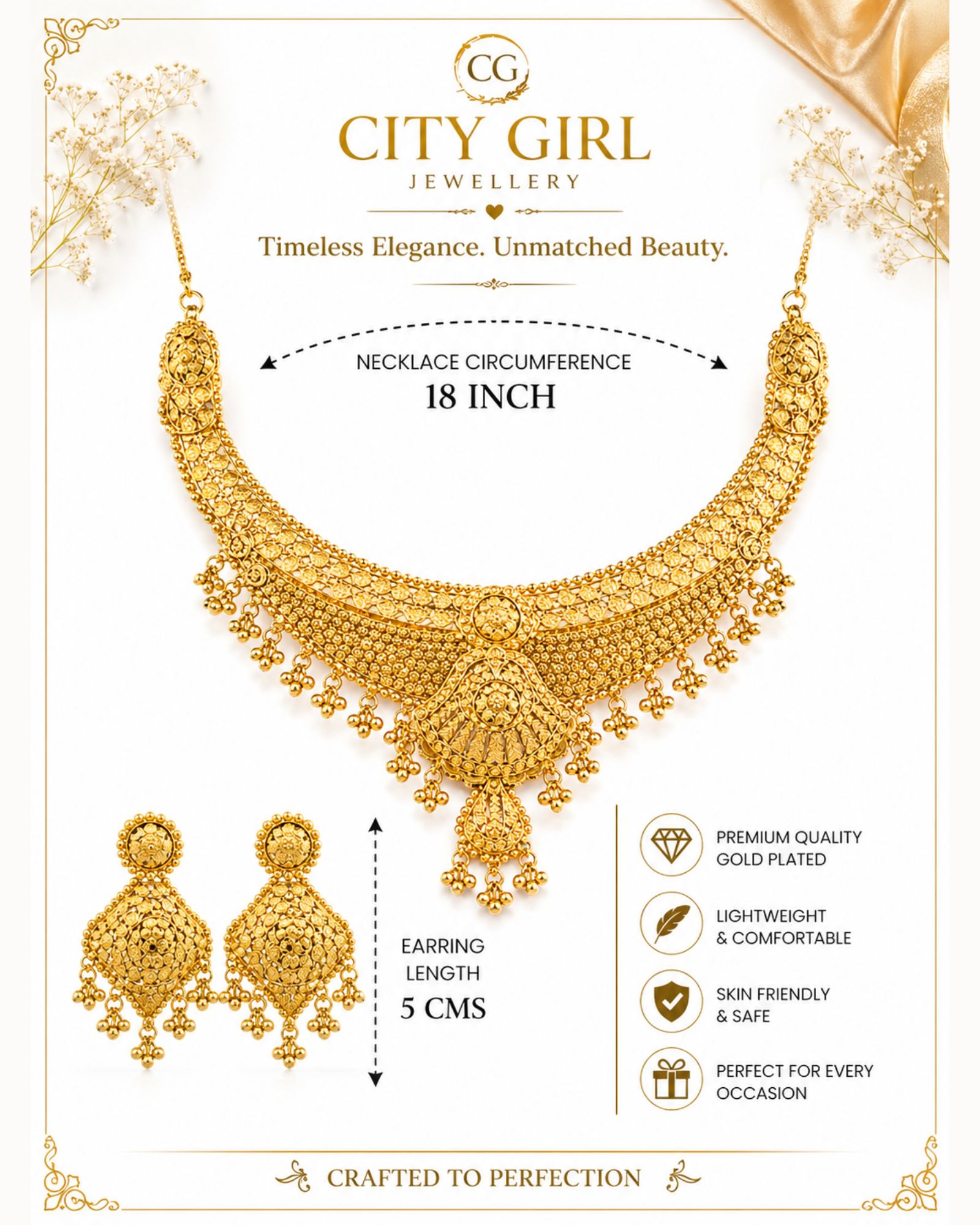 City Girl 24K Gold Plated Traditional Necklace Set with Matching Earrings | Antique Bridal Choker Jewellery Set for Women & Girls