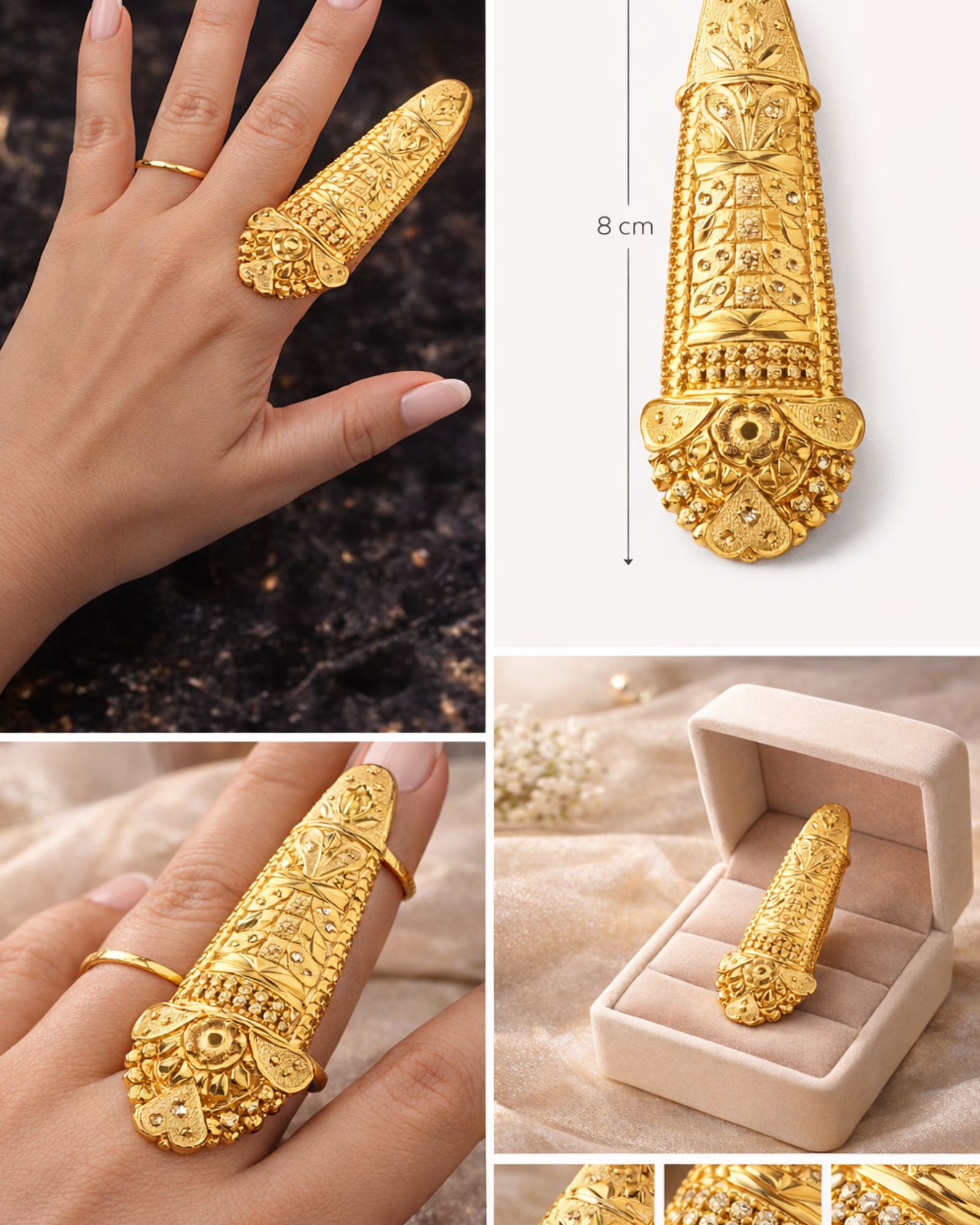 City Girl Gold Plated Long Finger Ring | 8 cm Statement Nail Ring | Intricate Filigree Design | Traditional Ethnic Jewellery