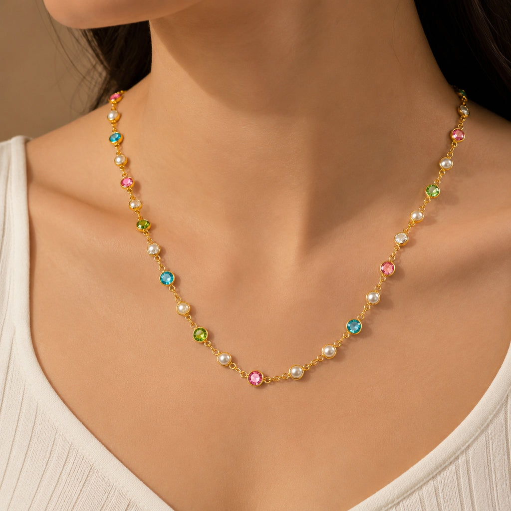 City Girl Jewellery 24K Gold Plated Multi-Color Crystal & Pearl Station Chain Necklace for Women | 20 Inch Lightweight Anti-Tarnish Fashion Chain with Secure S-Hook Closure