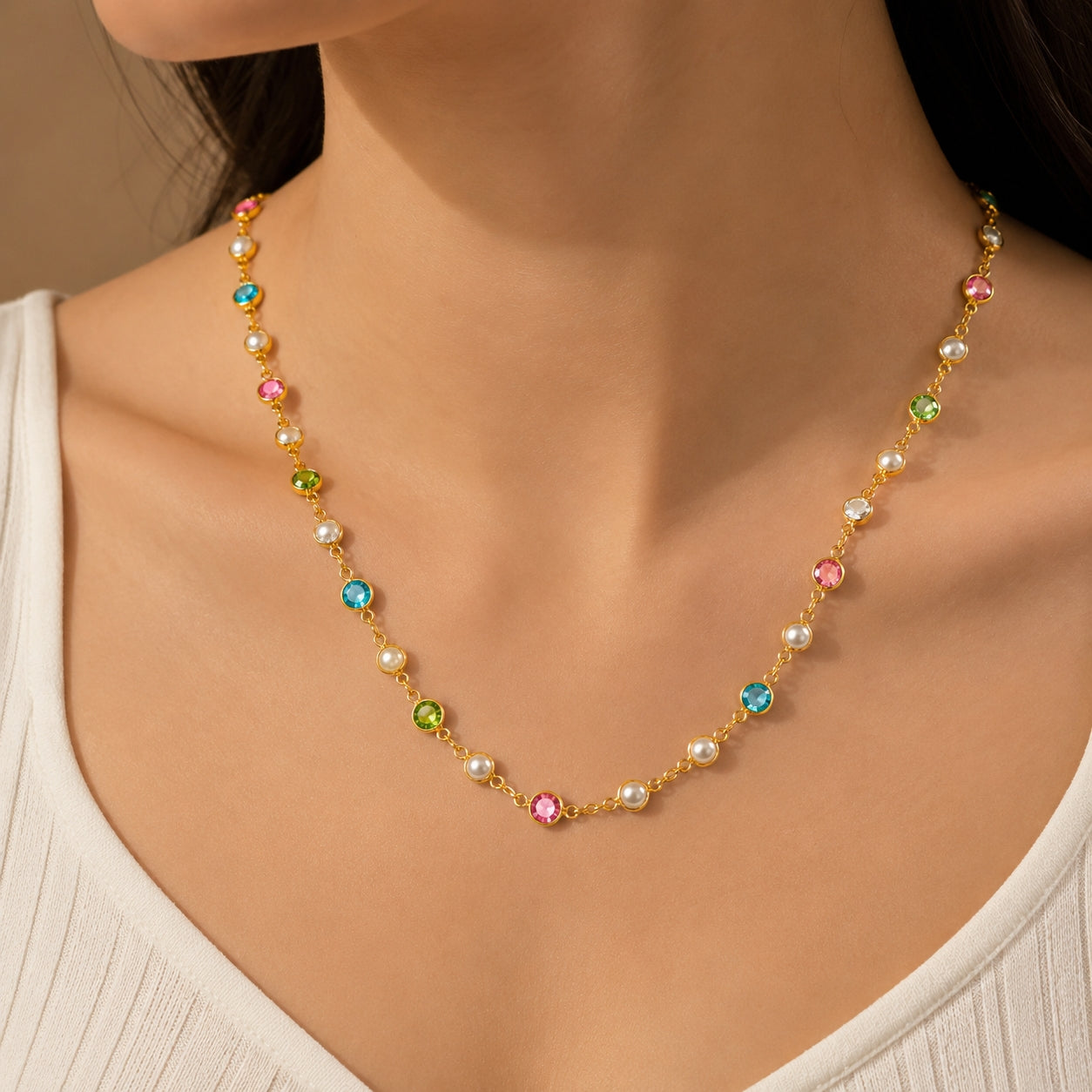 City Girl Jewellery 24K Gold Plated Multi-Color Crystal & Pearl Station Chain Necklace for Women | 20 Inch Lightweight Anti-Tarnish Fashion Chain with Secure S-Hook Closure
