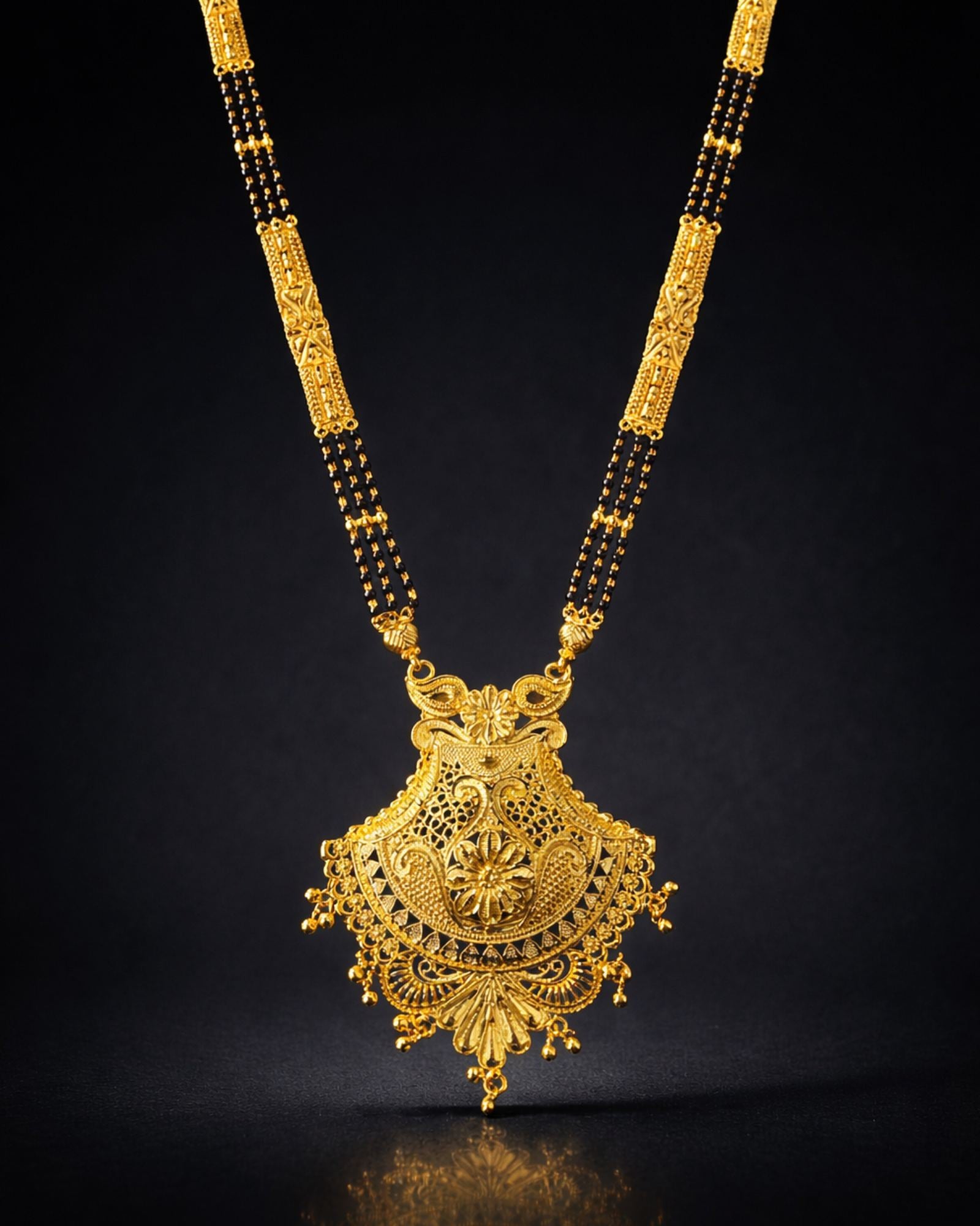 City Girl 24Ct Gold Plated Copper Mangalsutra – Traditional Temple Design Black Bead Necklace for Wedding & Festive Wear