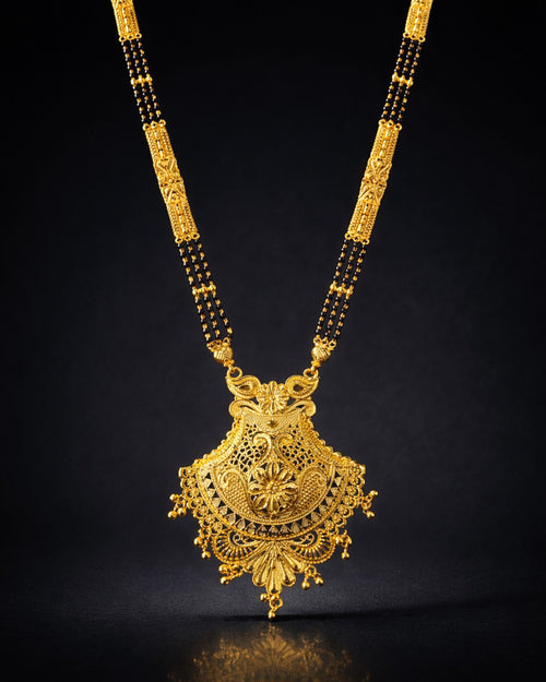 City Girl 24Ct Gold Plated Copper Mangalsutra – Traditional Temple Design Black Bead Necklace for Wedding & Festive Wear