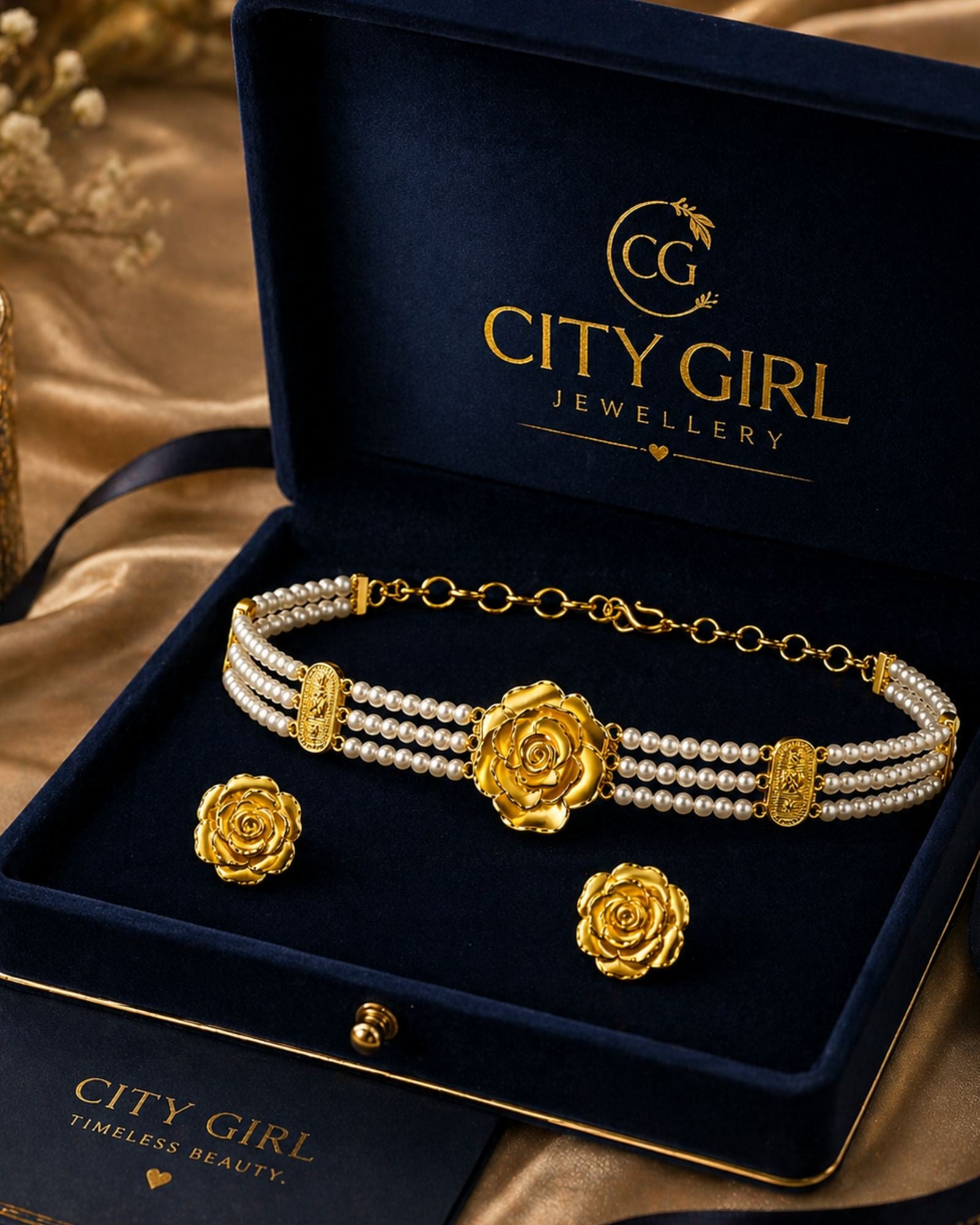 City Girl Gold Plated Pearl Choker Set with Rose Design | 3 Layer Pearl Choker Necklace with Matching Stud Earrings | Adjustable Chain | Elegant Ethnic Jewellery for Women