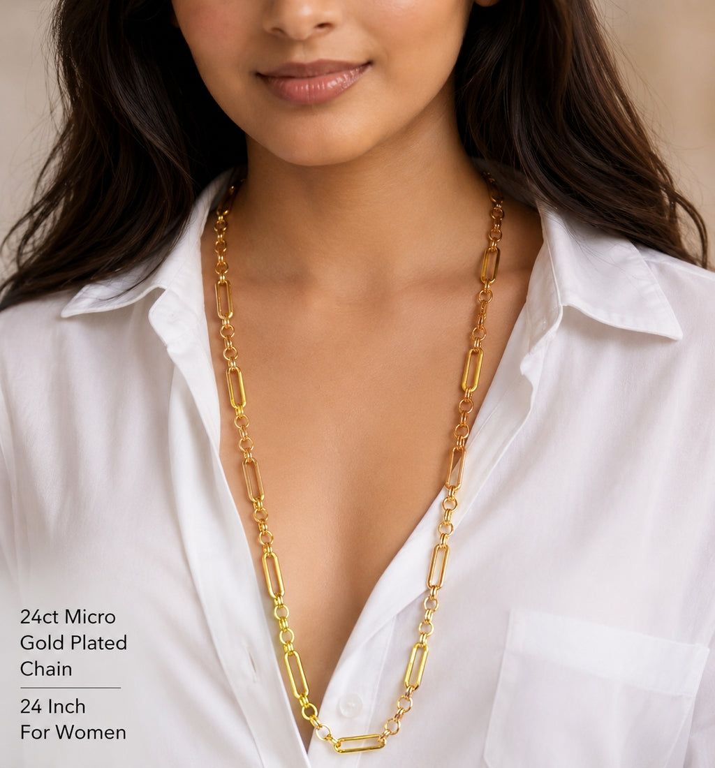 City Girl Jewellery 18K Gold Plated 20 Inch / 24 Inch Link Chain for Men & Women | 5mm Micro Gold Plated Stainless Steel Chain | Anti Tarnish, Waterproof, Skin Friendly, Lightweight Daily Wear Necklace