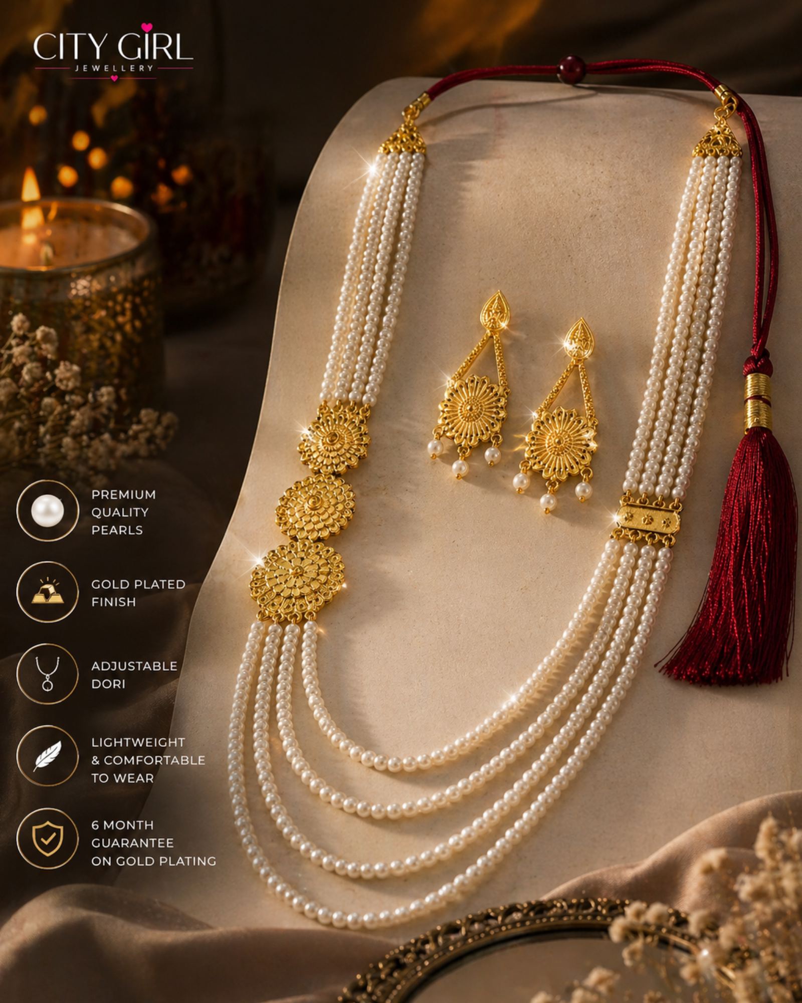 City Girl Traditional Pearl Layered Necklace Set with Earrings | 30 Inch Multi-Layer Pearl Mala | Gold Plated Ethnic Jewellery Set for Women | Adjustable Dori | Wedding & Festive Wear