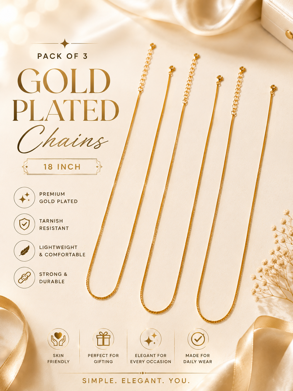City Girl Pack of 3 Gold Plated Necklace Chains for Women & Girls | 18 Inch Chain Set | Lightweight Daily Wear Jewellery | Elegant Minimalist Fashion Chains | Gold Tone Necklace Combo