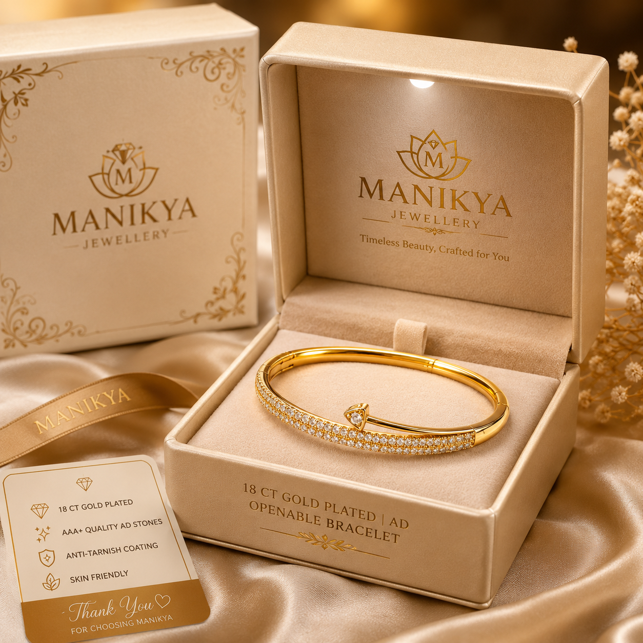 Manikya Jewellery 18 CT Gold Plated American Diamond (AD) Openable Bracelet for Women & Girls | Hidden Clasp Kada Bangle | Premium Fashion Jewellery | Daily Wear, Party Wear & Gift