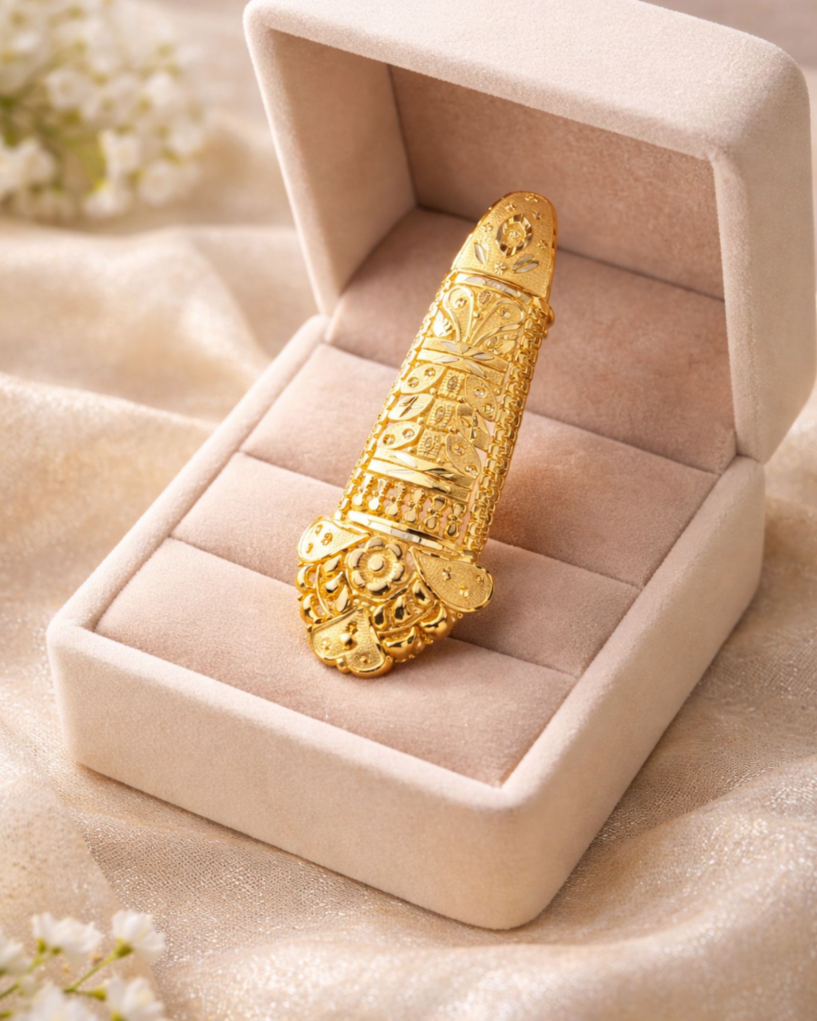 City Girl Gold Plated Long Finger Ring | 8 cm Statement Nail Ring | Intricate Filigree Design | Traditional Ethnic Jewellery