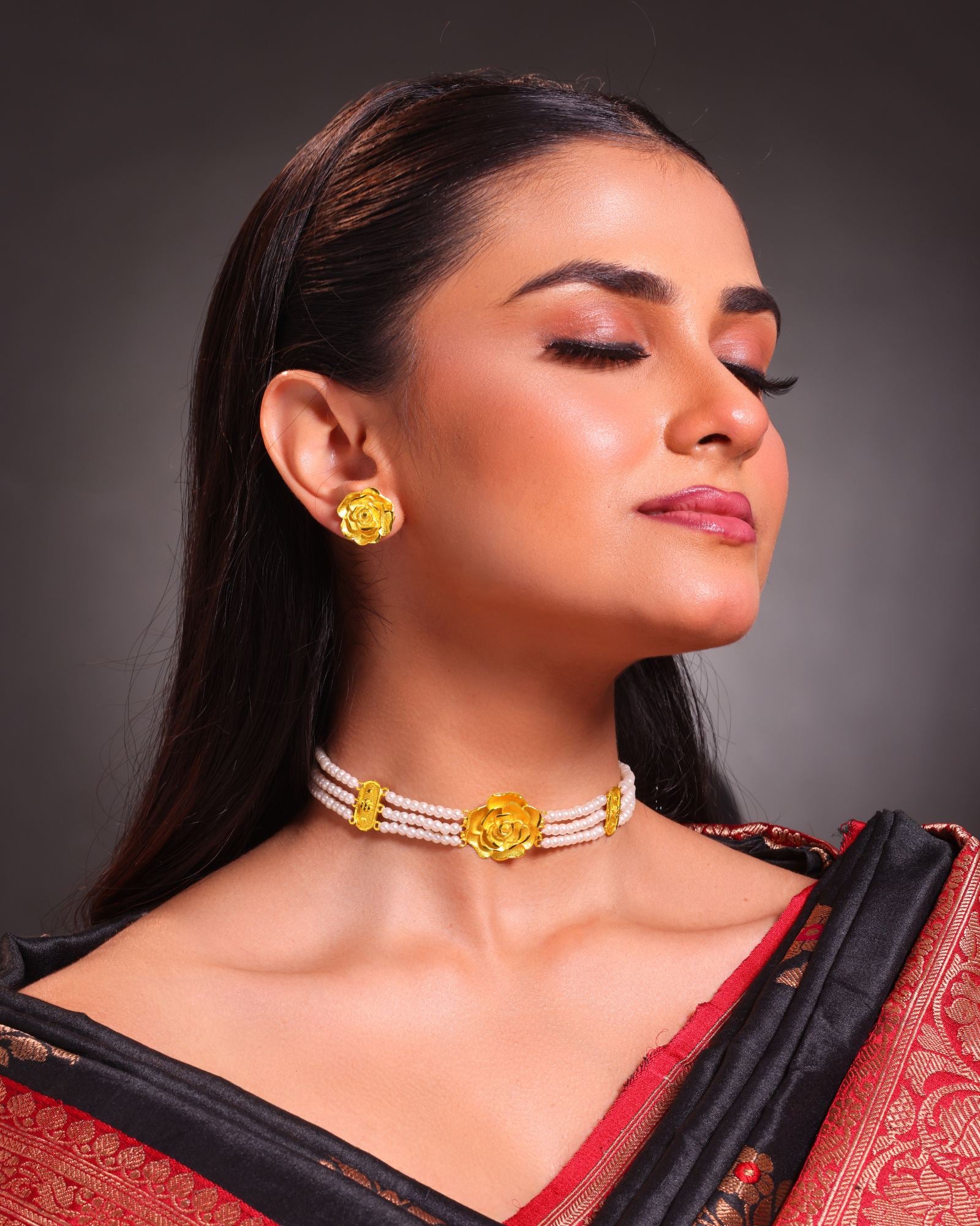 City Girl Gold Plated Pearl Choker Set with Rose Design | 3 Layer Pearl Choker Necklace with Matching Stud Earrings | Adjustable Chain | Elegant Ethnic Jewellery for Women