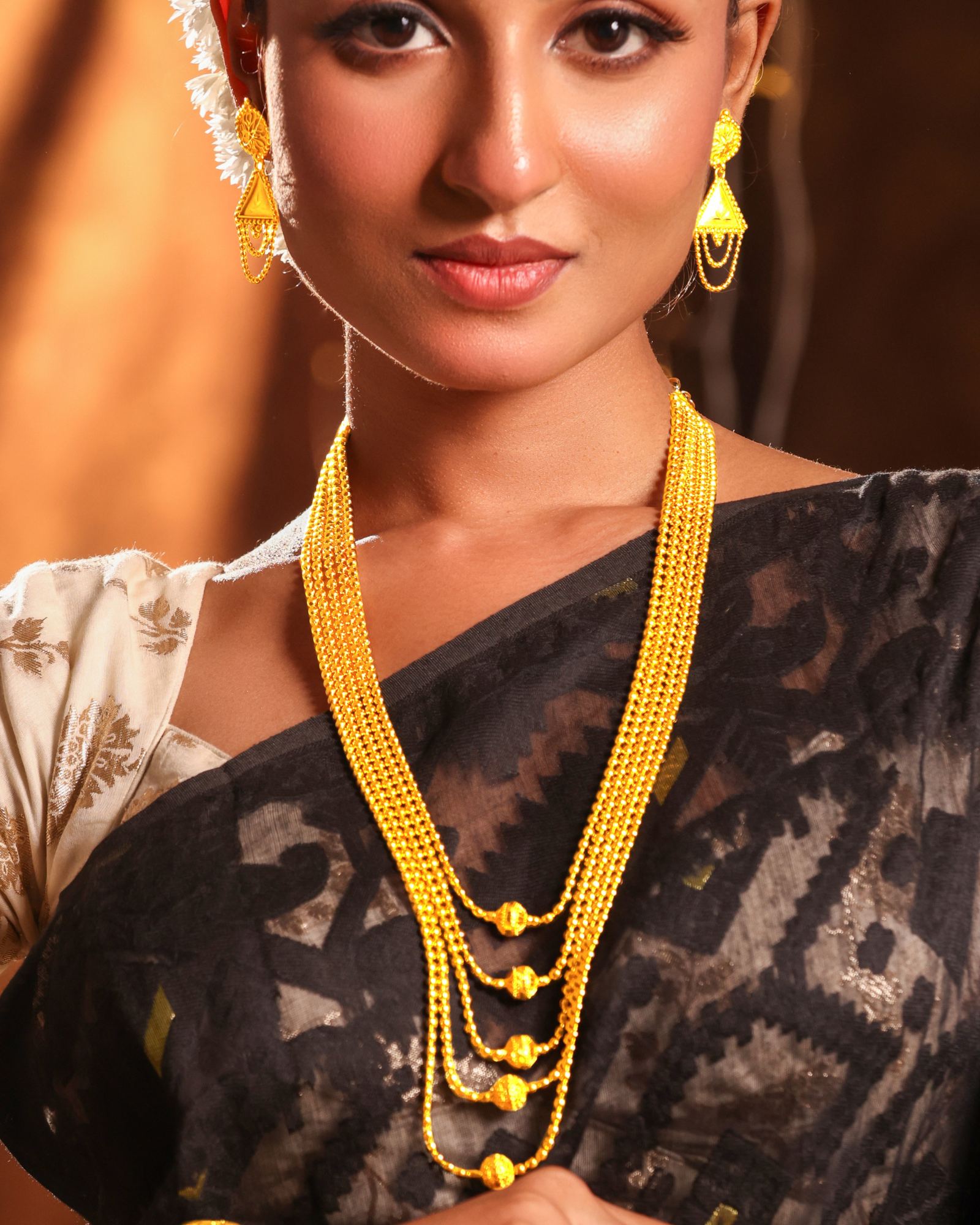 24CT Gold Plated Long Layered Haram Necklace Set for Women | Copper Base Traditional Jewellery | 30 Inch Necklace with Matching Earrings (3 cm) | Ethnic Wedding & Festive Wear