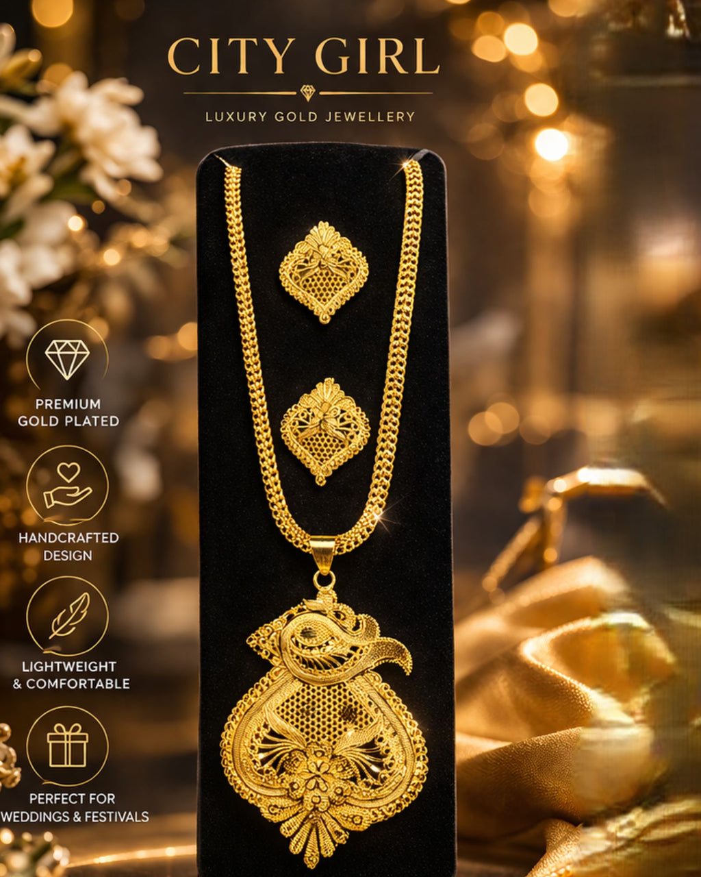 City Girl 24Ct Gold Plated Copper Jewellery Set for Women – Traditional Pendant Necklace with Matching Earrings | Wedding & Party Wear