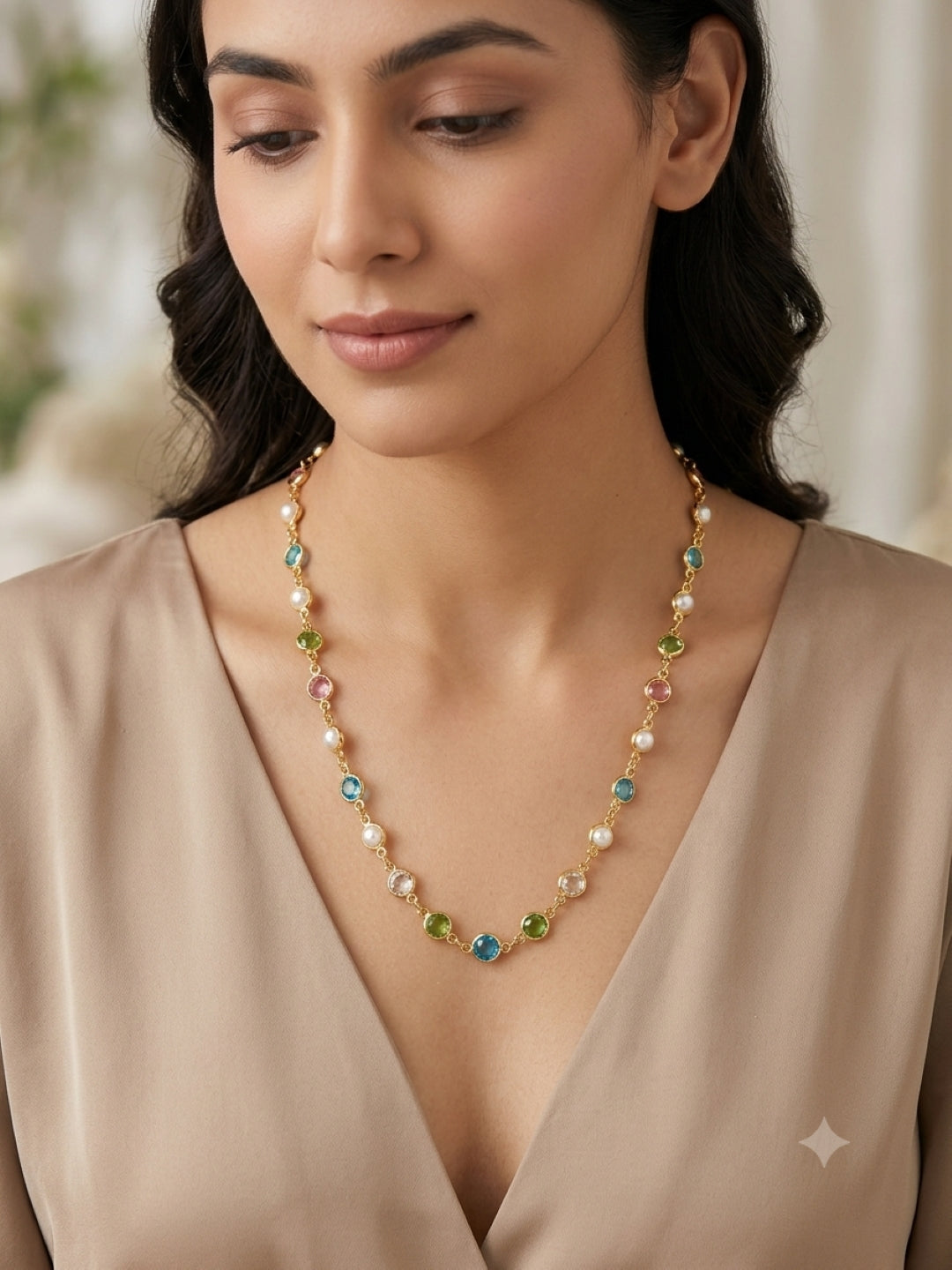 City Girl Jewellery 24K Gold Plated Multi-Color Crystal & Pearl Station Chain Necklace for Women | 20 Inch Lightweight Anti-Tarnish Fashion Chain with Secure S-Hook Closure