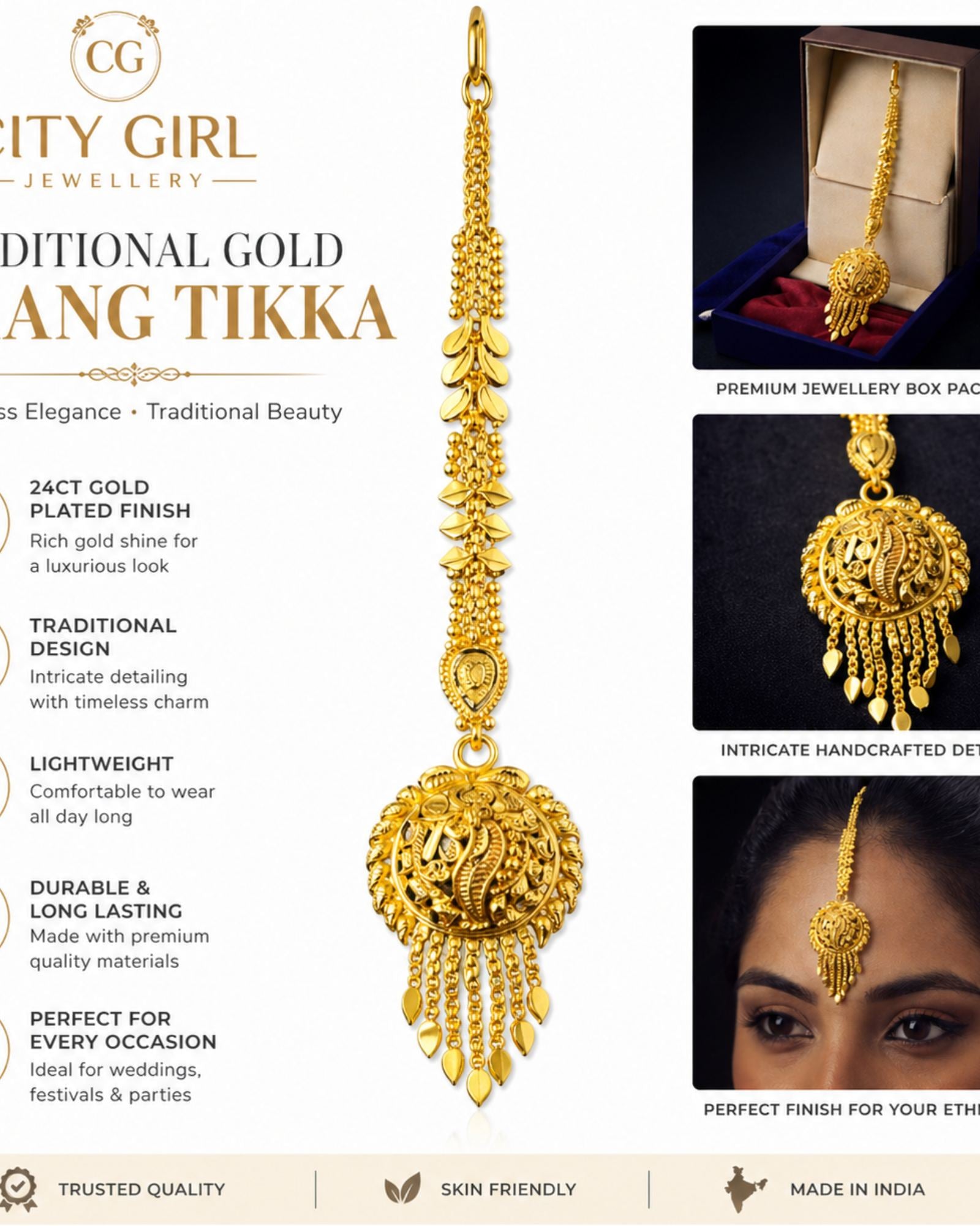 City Girl 24Ct Gold Plated Copper Maang Tikka – Traditional Bridal Matha Patti Style Forehead Jewelry for Wedding & Festive Wear