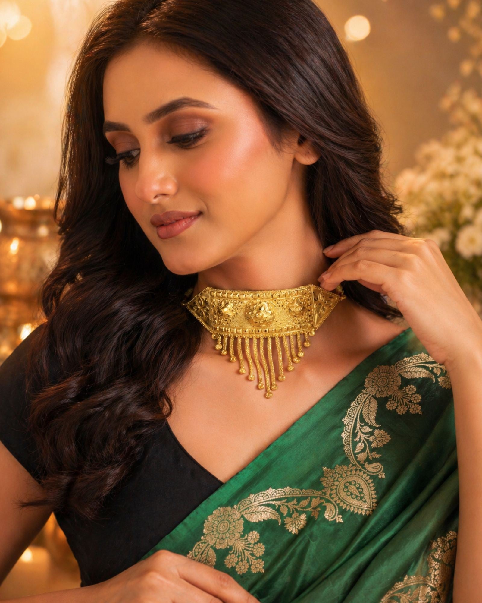 City Girl 24CT Gold Plated Temple Choker Necklace | 15 CM Traditional Statement Jewellery with Adjustable Dori | Bridal & Festive Wear