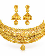 City Girl Traditional Gold Plated Bridal Necklace Set with Jhumka Earrings | 18 Inch Choker Necklace | 5 CM Drop Earrings | Ethnic Wedding Jewellery Set for Women