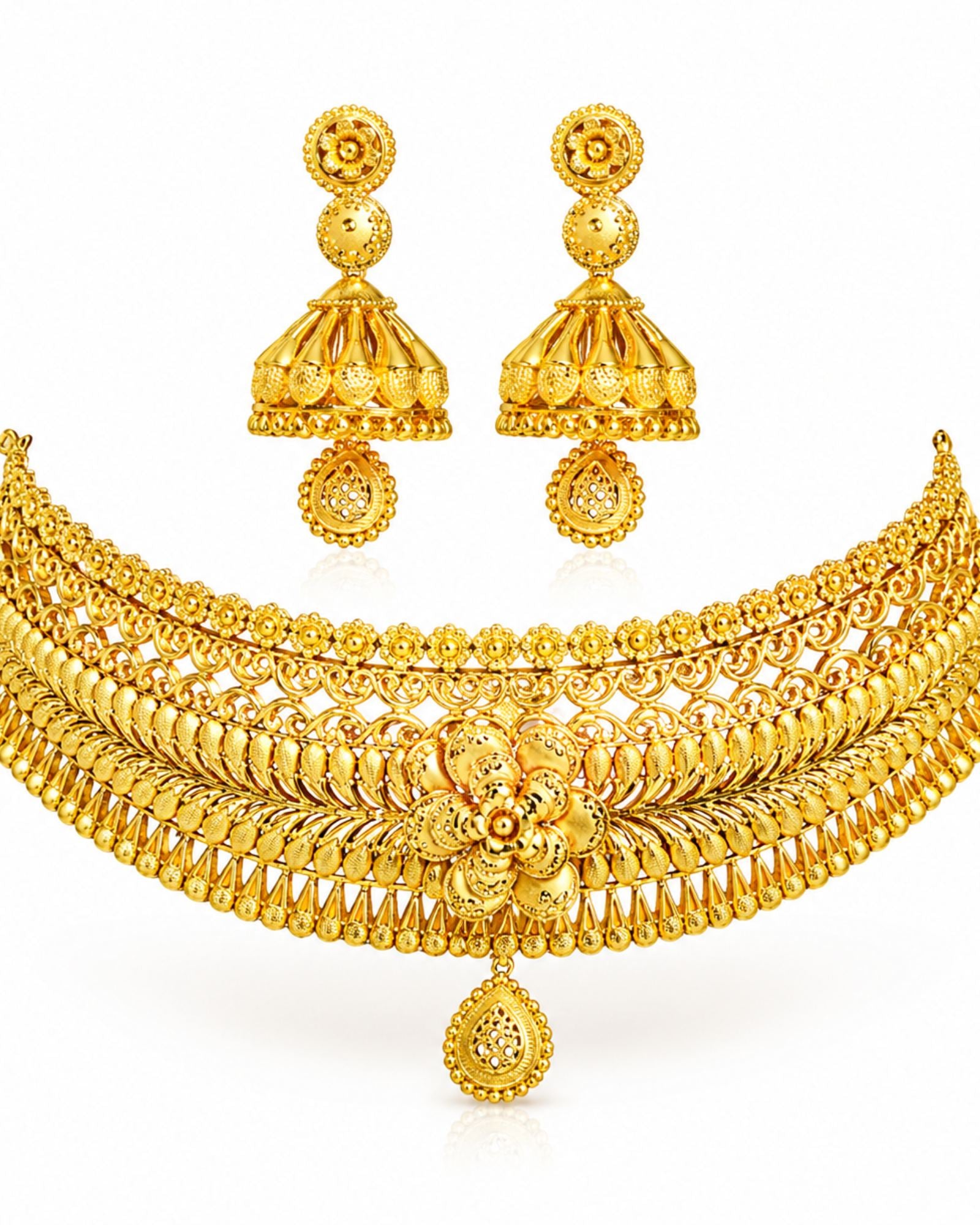 City Girl Traditional Gold Plated Bridal Necklace Set with Jhumka Earrings | 18 Inch Choker Necklace | 5 CM Drop Earrings | Ethnic Wedding Jewellery Set for Women