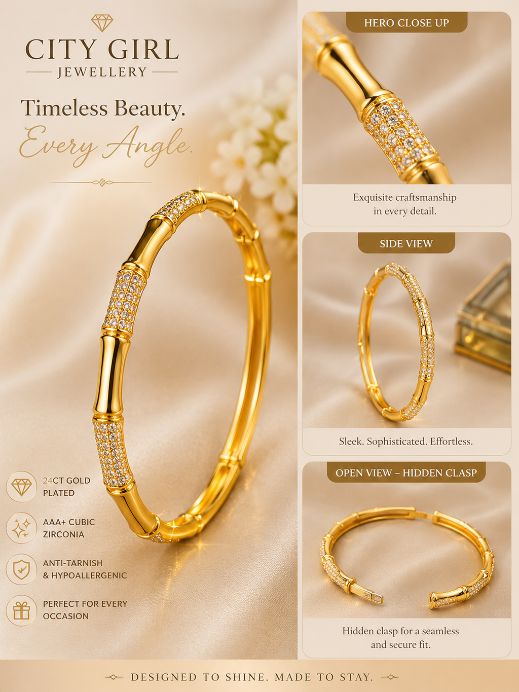 City Girl Jewellery Gold Plated American Diamond Bracelet for Women | Openable Kada Bracelet | CZ Stone Studded Elegant Bangle | Lightweight Daily Wear & Party Wear Bracelet | Anniversary, Wedding & Gift for Women