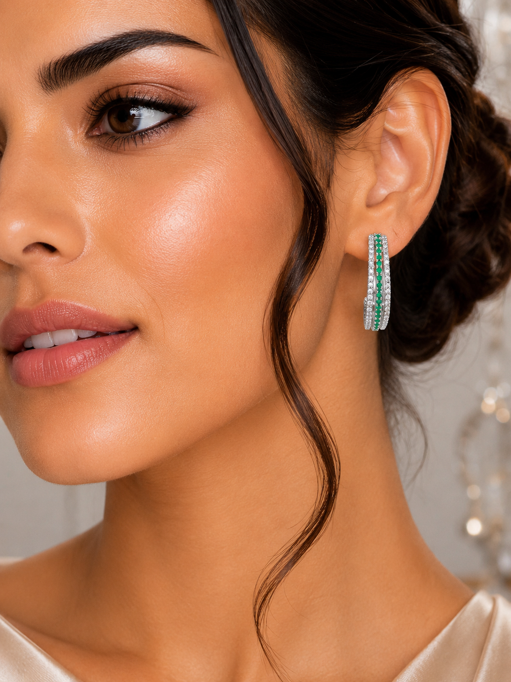 City Girl Shimmer Rhodium-Plated Elegant Curve Design Studs (EMERALD GREEN)