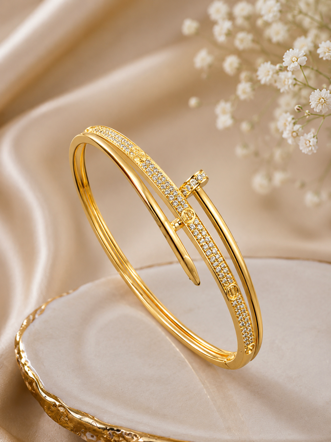 City Girl Jewellery 24CT Gold Plated Nail Bracelet for Women | AAA Cubic Zirconia Studded Openable Cuff Bangle | Anti Tarnish Lightweight Daily Wear Fashion Bracelet for Girls & Women | Gift for Wife, Sister & Girlfriend