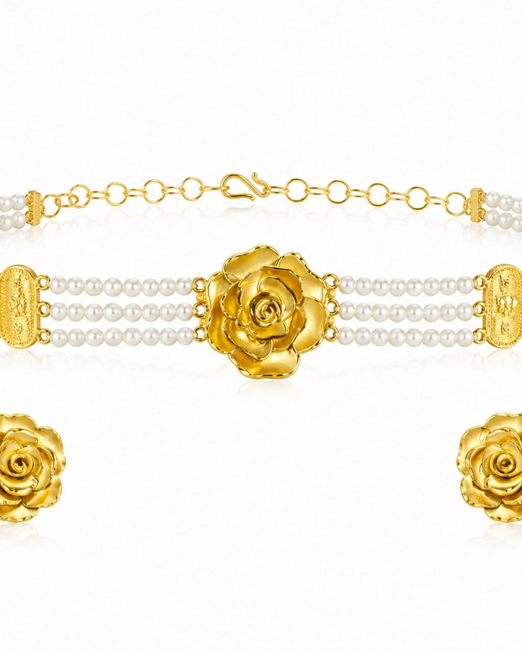City Girl Gold Plated Pearl Choker Set with Rose Design | 3 Layer Pearl Choker Necklace with Matching Stud Earrings | Adjustable Chain | Elegant Ethnic Jewellery for Women