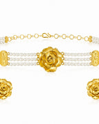 City Girl Gold Plated Pearl Choker Set with Rose Design | 3 Layer Pearl Choker Necklace with Matching Stud Earrings | Adjustable Chain | Elegant Ethnic Jewellery for Women