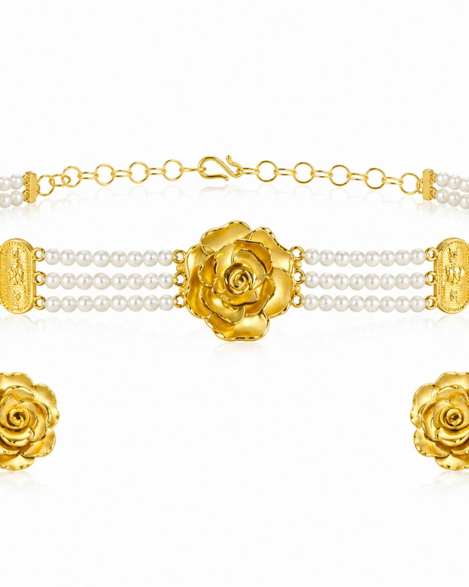 City Girl Gold Plated Pearl Choker Set with Rose Design | 3 Layer Pearl Choker Necklace with Matching Stud Earrings | Adjustable Chain | Elegant Ethnic Jewellery for Women