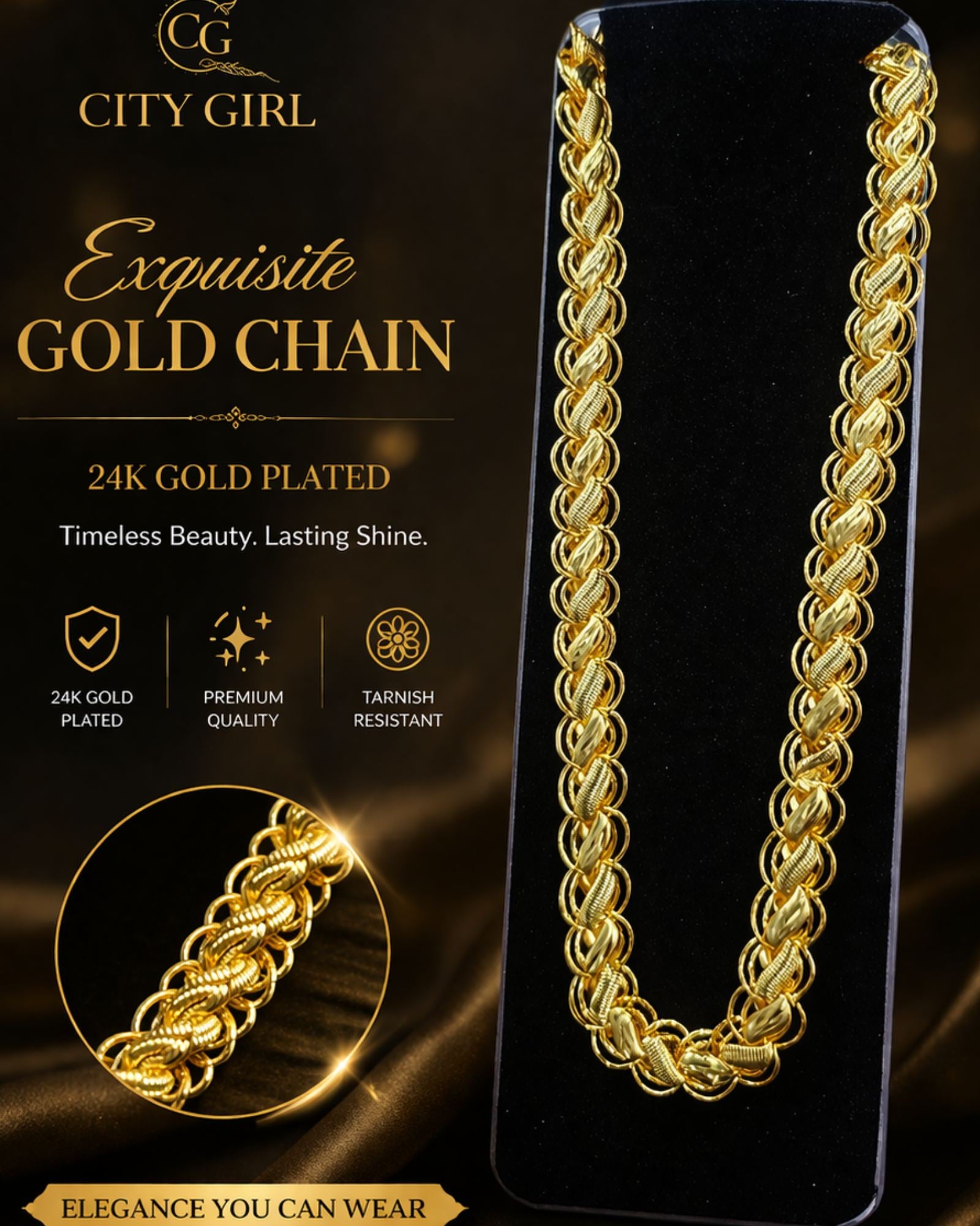 City Girl 24Ct Gold Plated Copper Chain Necklace for Women – Premium Designer Braided Chain | Party & Daily Wear