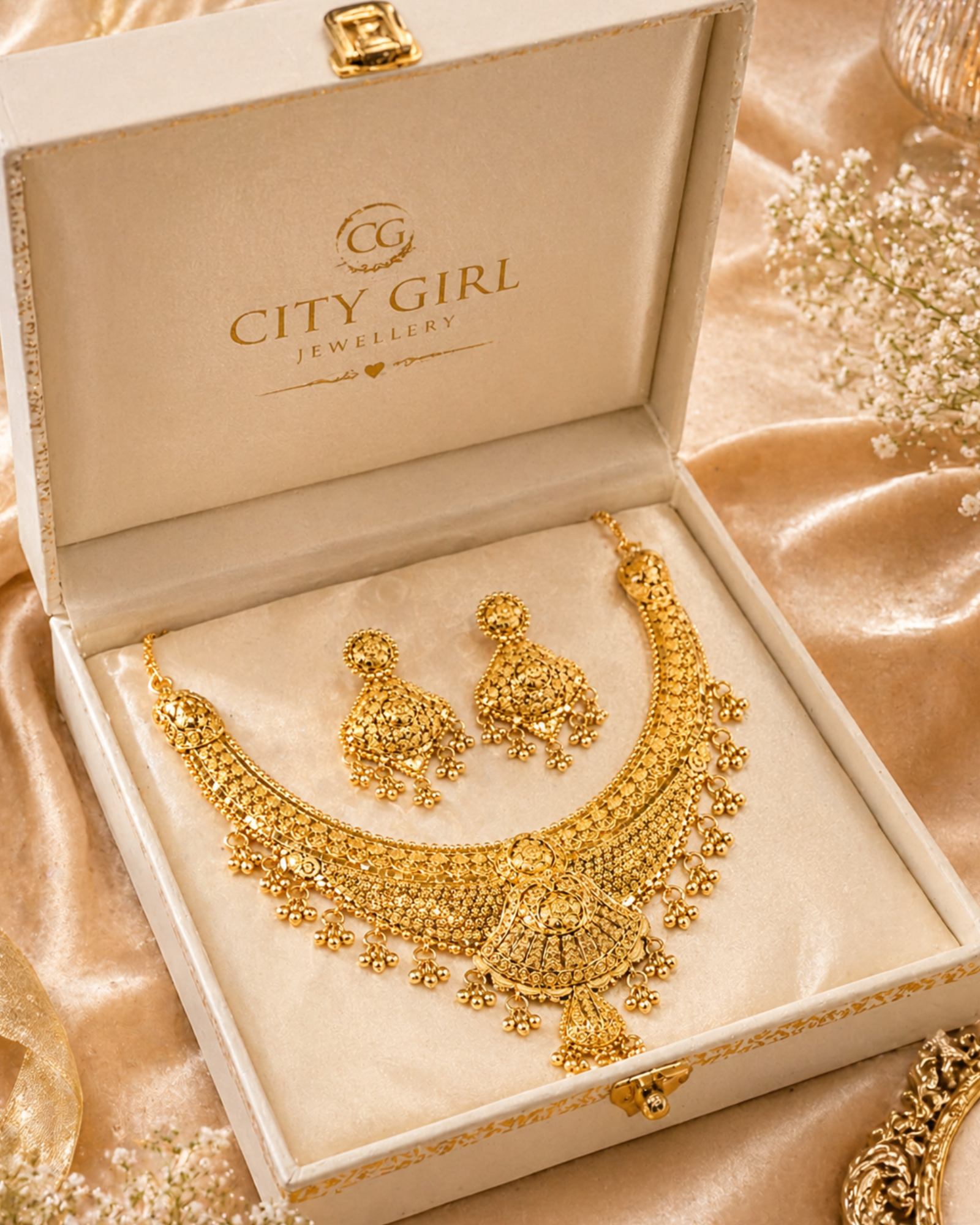 City Girl 24K Gold Plated Traditional Necklace Set with Matching Earrings | Antique Bridal Choker Jewellery Set for Women & Girls