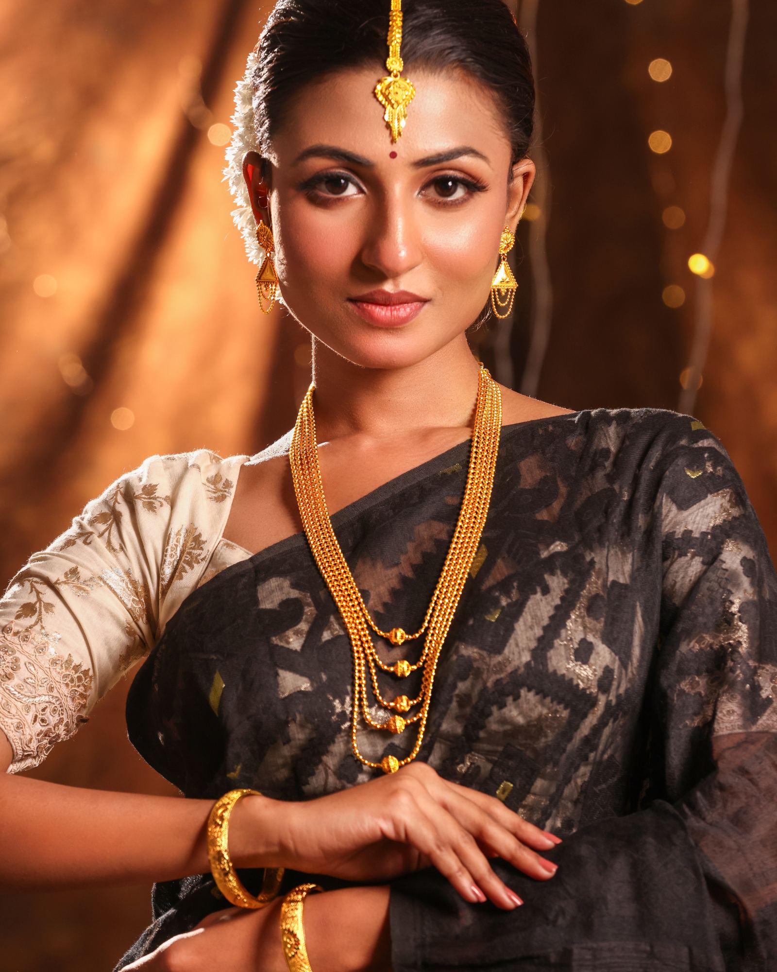 24CT Gold Plated Long Layered Haram Necklace Set for Women | Copper Base Traditional Jewellery | 30 Inch Necklace with Matching Earrings (3 cm) | Ethnic Wedding & Festive Wear