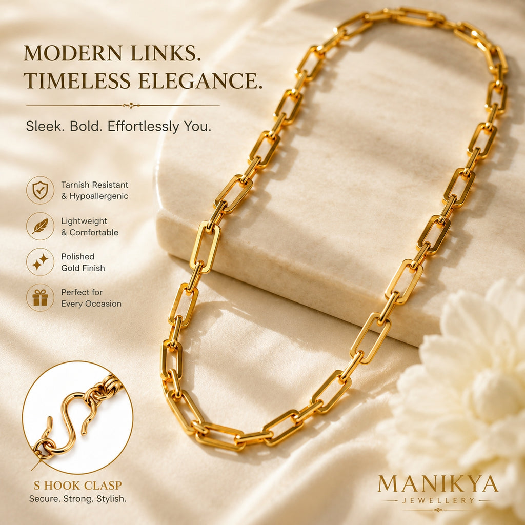 Manikya Jewellery 18CT Gold Plated Rectangular Link Chain Necklace for Women | Paperclip Style Necklace with S-Hook Clasp | Minimalist Daily Wear Fashion Jewellery