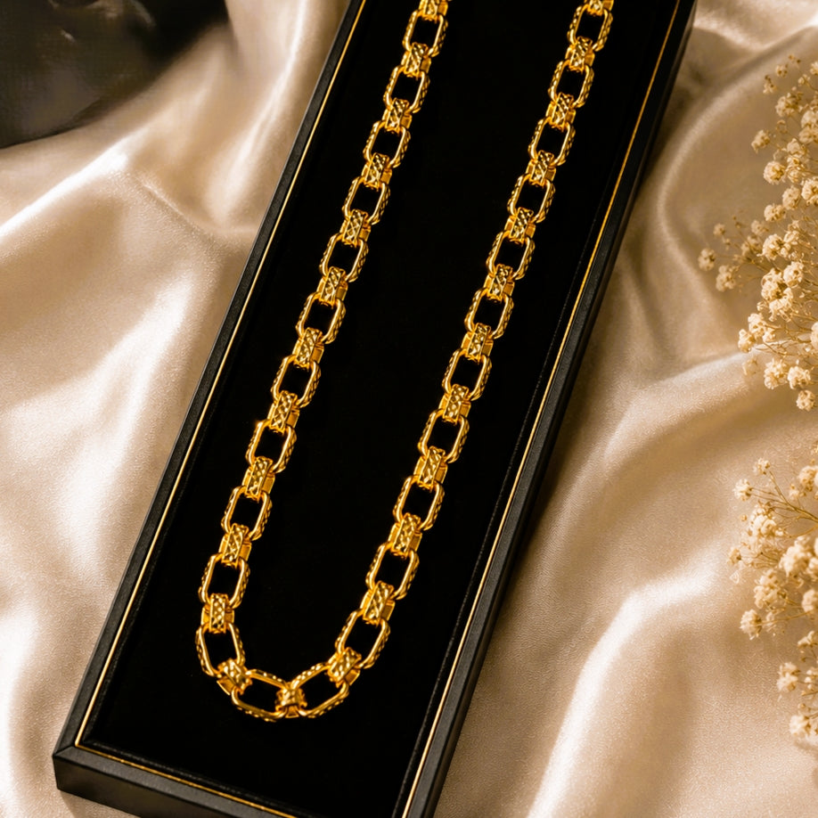 City Girl Jewellery 24K Gold Plated Textured Link Chain Necklace for Women & Men | Premium Statement Chain with S-Hook Clasp | Western Wear Fashion Jewellery
