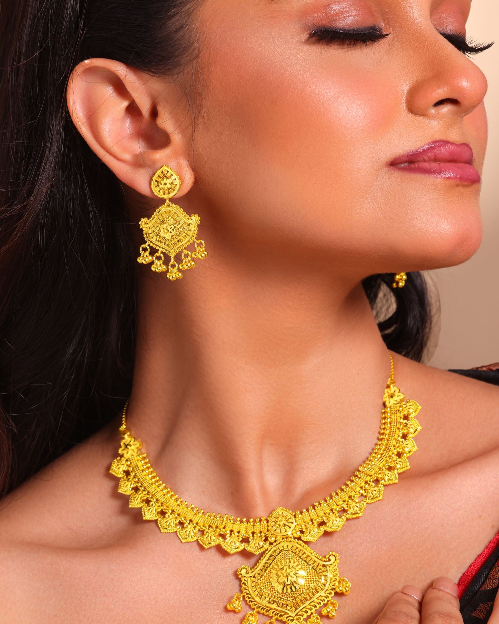 City Girl 24K Gold Plated Traditional Necklace Set with Matching Earrings | Antique Bridal Choker Jewellery Set for Women & Girls