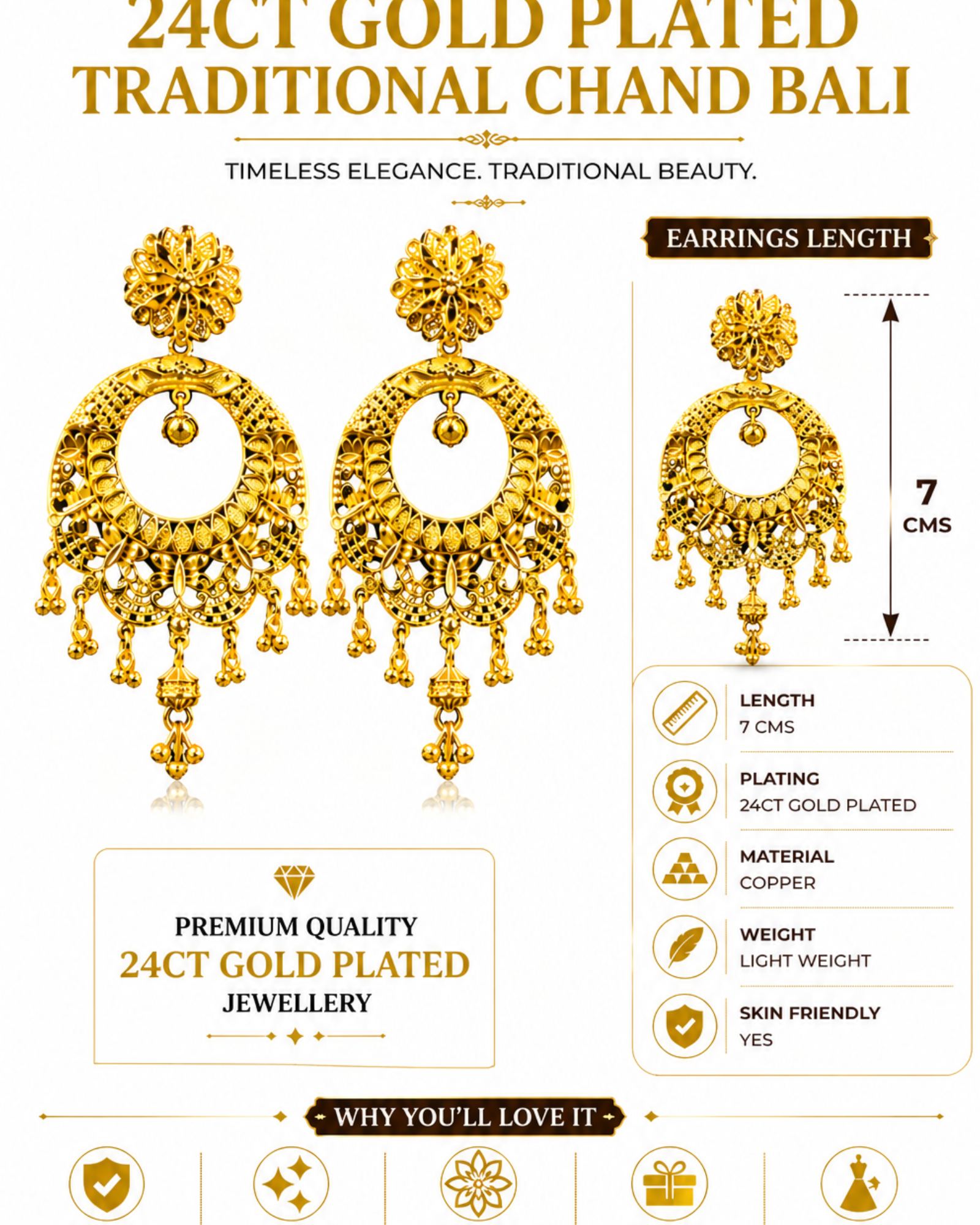 City Girl 24CT Gold Plated Chand Bali Earrings for Women | Traditional Copper Base Ethnic Jhumka Style | 7 cm Long Statement Earrings for Wedding & Festive Wear