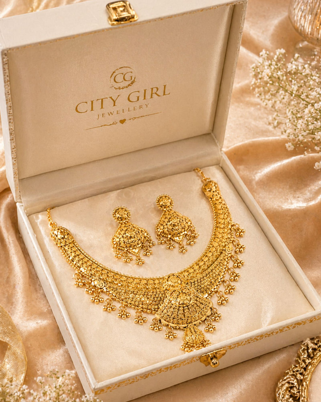 City Girl Gold Plated Choker Necklace Set with Earrings for Women | Traditional Bridal Jewellery Set | 18 Inch Necklace | 5 cm Earrings | 6 Months Plating Guarantee