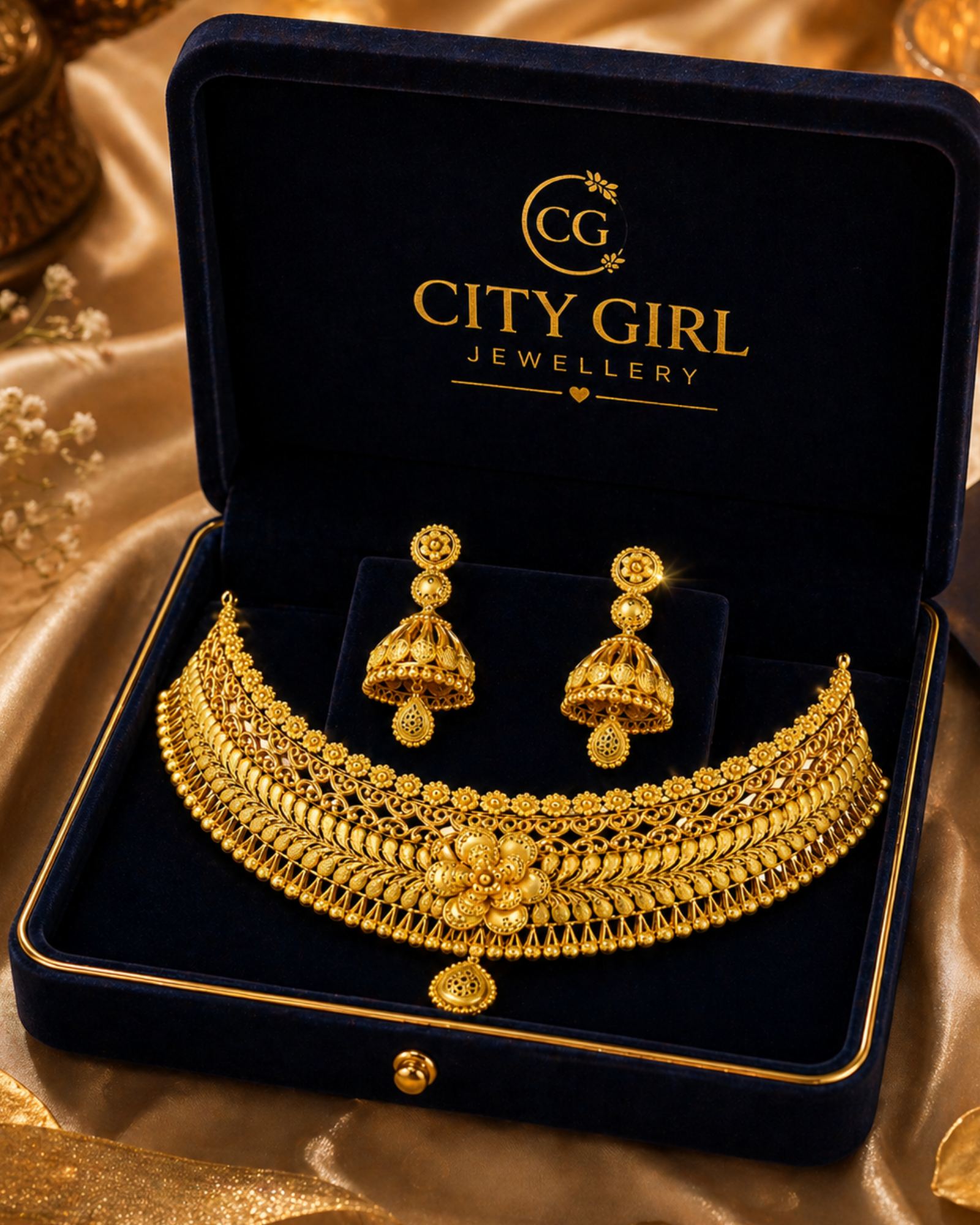 City Girl Traditional Gold Plated Bridal Necklace Set with Jhumka Earrings | 18 Inch Choker Necklace | 5 CM Drop Earrings | Ethnic Wedding Jewellery Set for Women