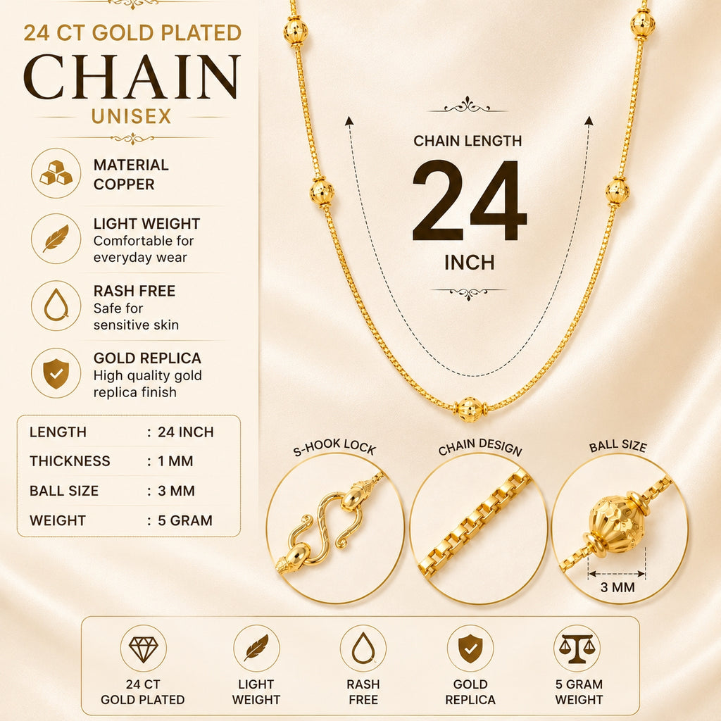 City Girl Jewellery 24 Inch Gold Plated Beaded Chain Necklace for Women | 6g Lightweight | Elegant Daily Wear Fashion Chain | Traditional & Casual Jewellery | Gift for Women & Girls