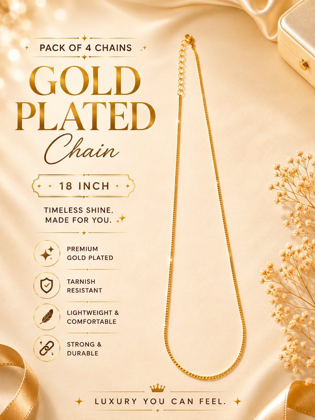 City Girl Pack of 4 Gold Plated Necklace Chains for Women & Girls | 18 Inch Chain Set | Lightweight Daily Wear Jewellery | Elegant Minimalist Fashion Chains | Gold Tone Necklace Combo Pack