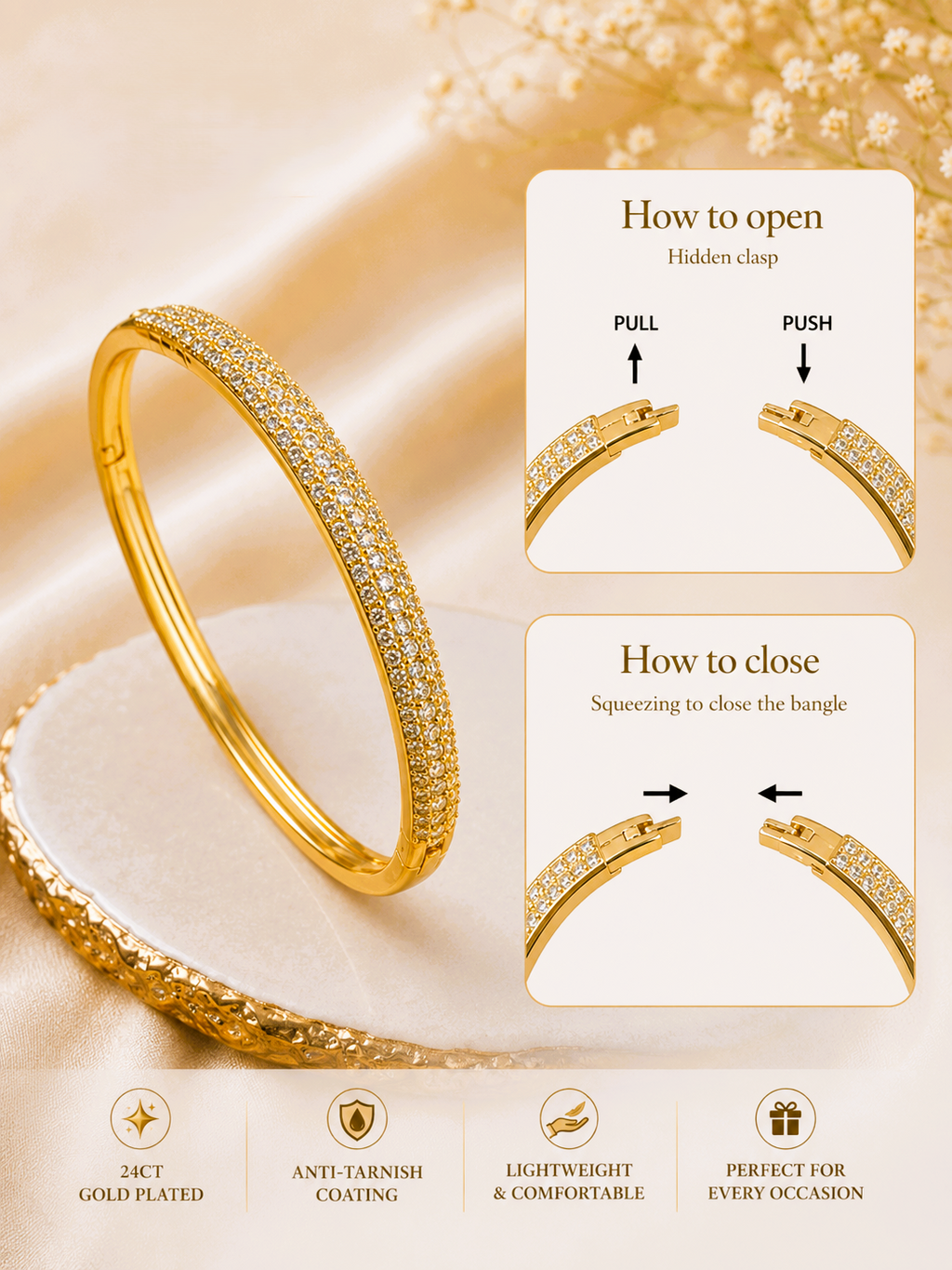 City Girl Jewellery Gold Plated American Diamond Bracelet for Women | Openable Kada Bracelet | CZ Stone Studded Elegant Bangle | Lightweight Daily Wear & Party Wear Bracelet | Anniversary, Wedding & Gift for Women