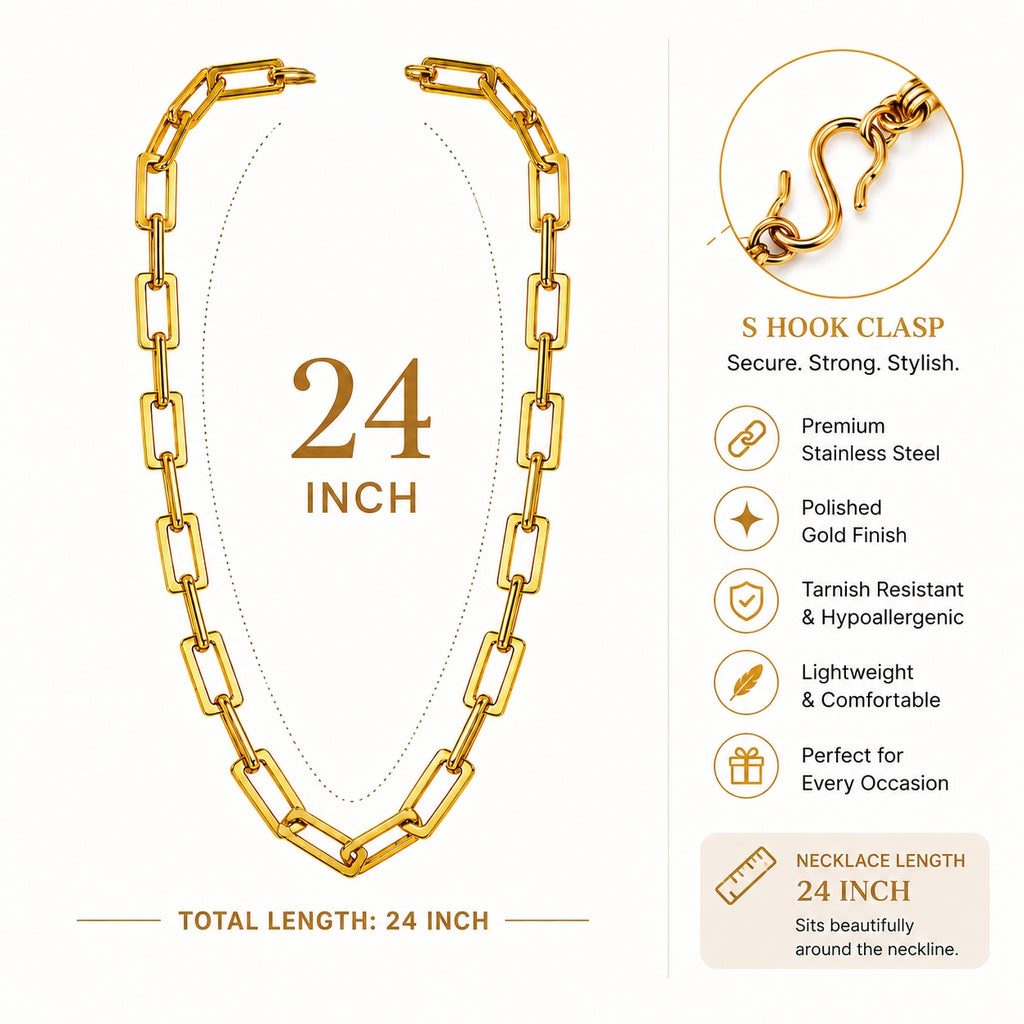 Manikya Jewellery 18CT Gold Plated Rectangular Link Chain Necklace for Women | Paperclip Style Necklace with S-Hook Clasp | Minimalist Daily Wear Fashion Jewellery